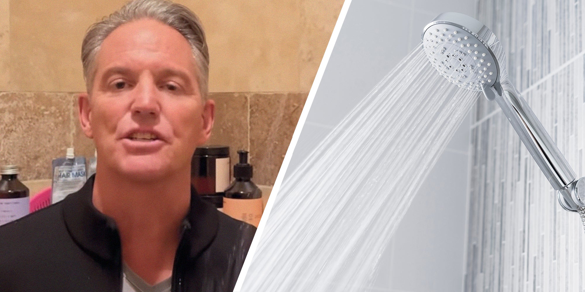 Man shares what happens when you take a shower(l) Water running from shower head and faucet in modern bathroom(r)