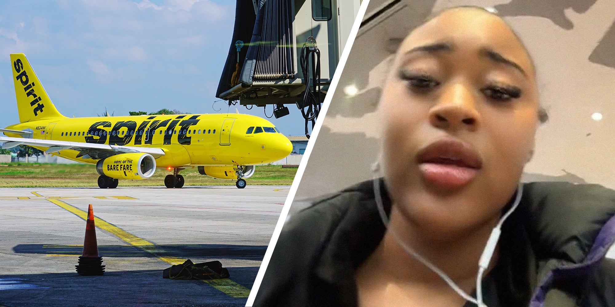 Spirit Airlines branded Plane(l) Woman shares issues experience with flying with Spirit Airlines(r)