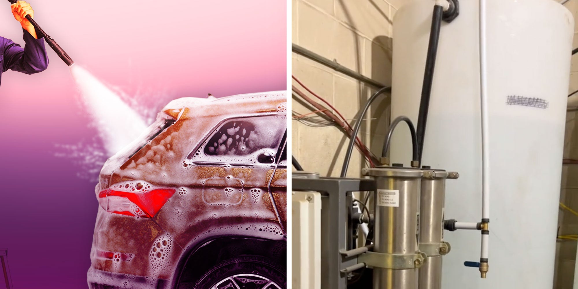 Photo of a man cleaning a car with a power washer; Screenshot from 's tiktok of a reverse osmosis filtration system