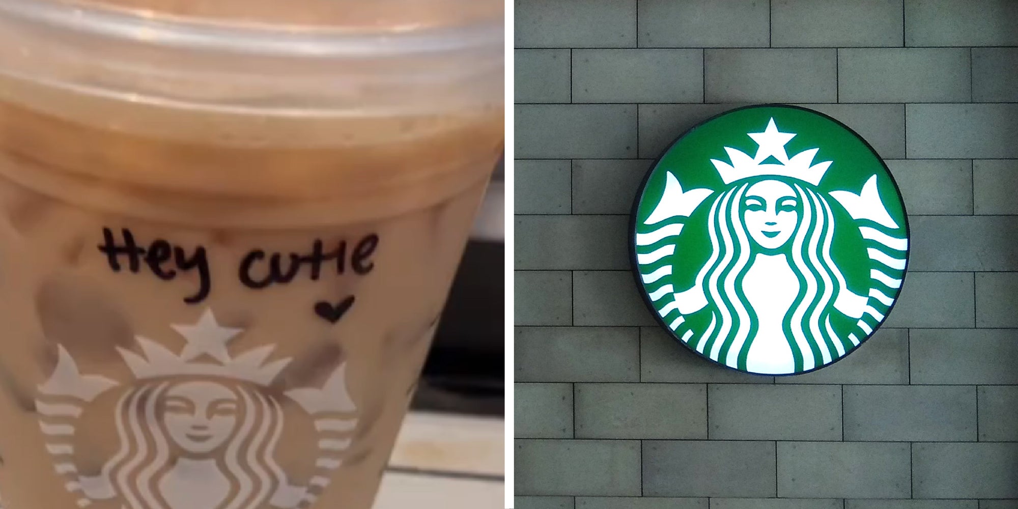 2-panel image. On the left side is a Starbucks coffee cup with the message "Hey Cutie" handwritten on it. And on the right is the Starbucks logo.