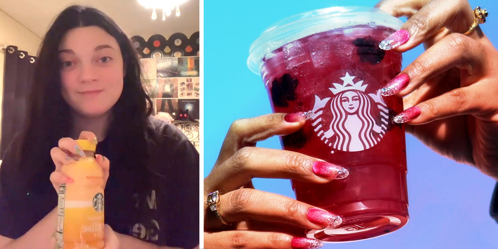 A screenshot of Tiktok user @unstable.supern0vaaa holding a bottled Starbucks Refresher beverage; two hands holding a Starbucks Black Sage Refresher