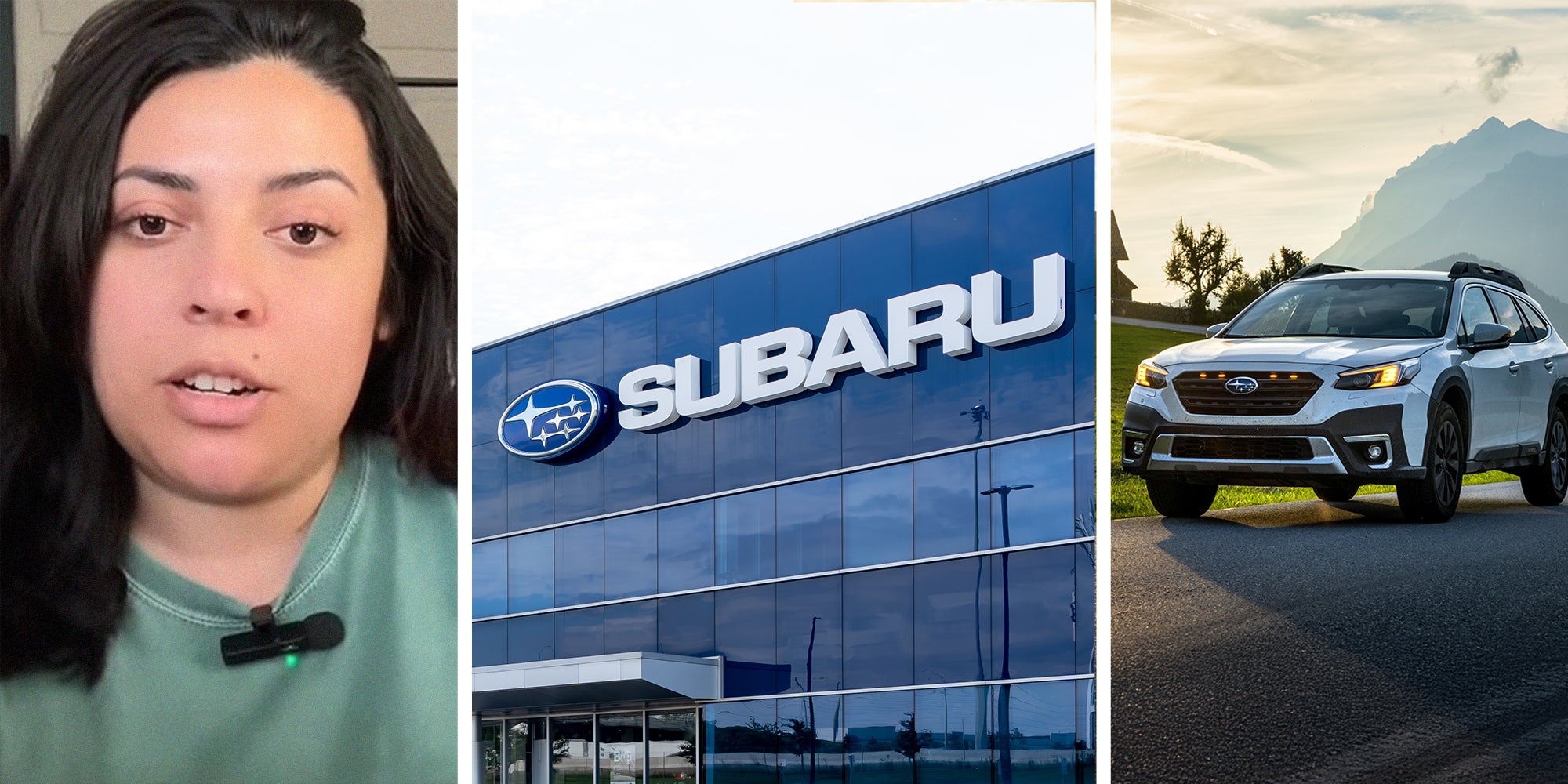 woman shares thoughts on new subaru(l) Subaru dealer sign(c) white Subaru outback on road(r)