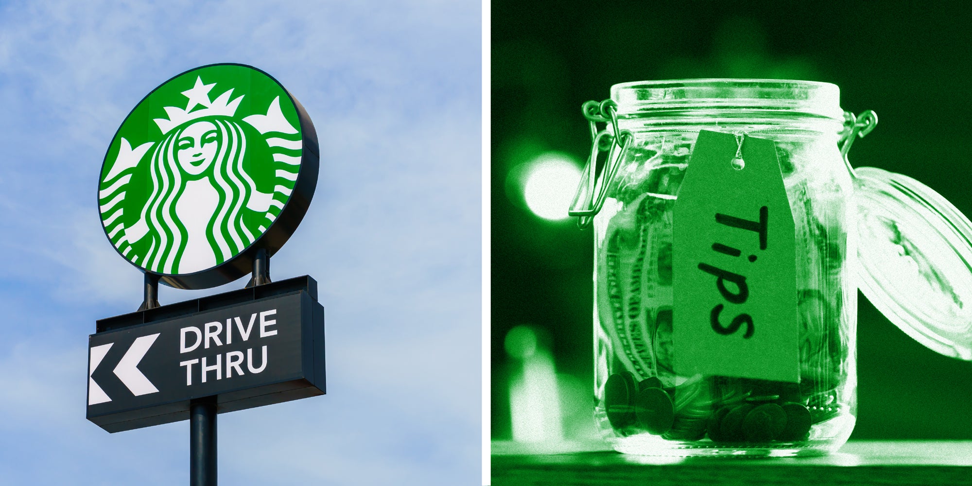 2 panel image: on the left is the Starbucks drive thru sign and on the right is a tip jar.