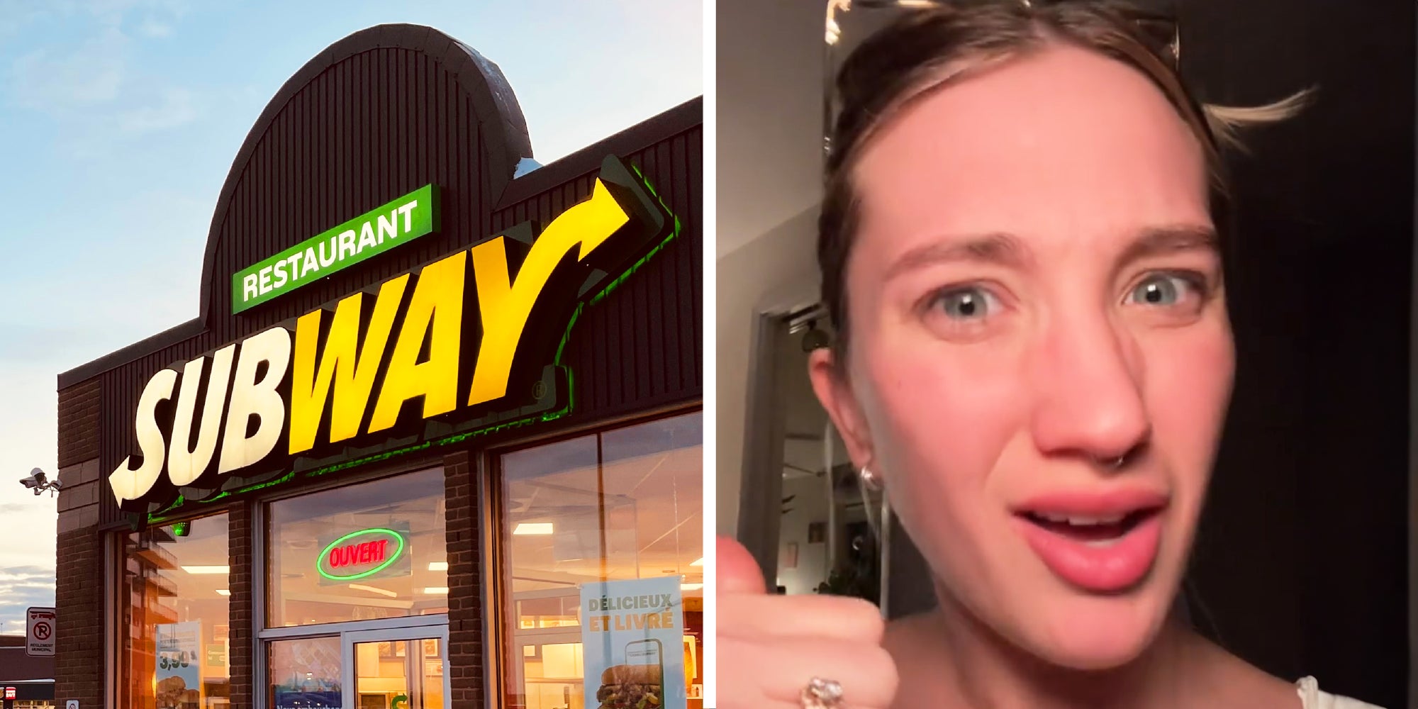 2 panel image: on the left is a Subway Restaurant and on the right a person explains.