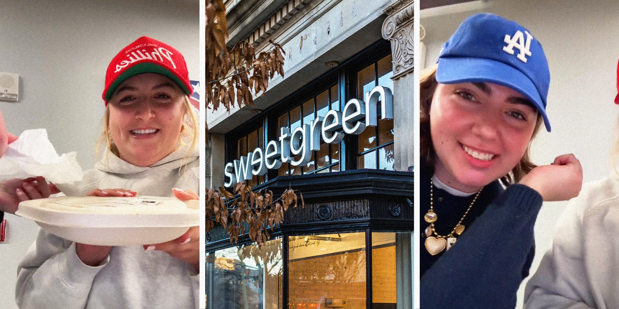 3 panel image, on the side two friends show a paper bowl, and in the middle is the exterior of a sweetgreen store.