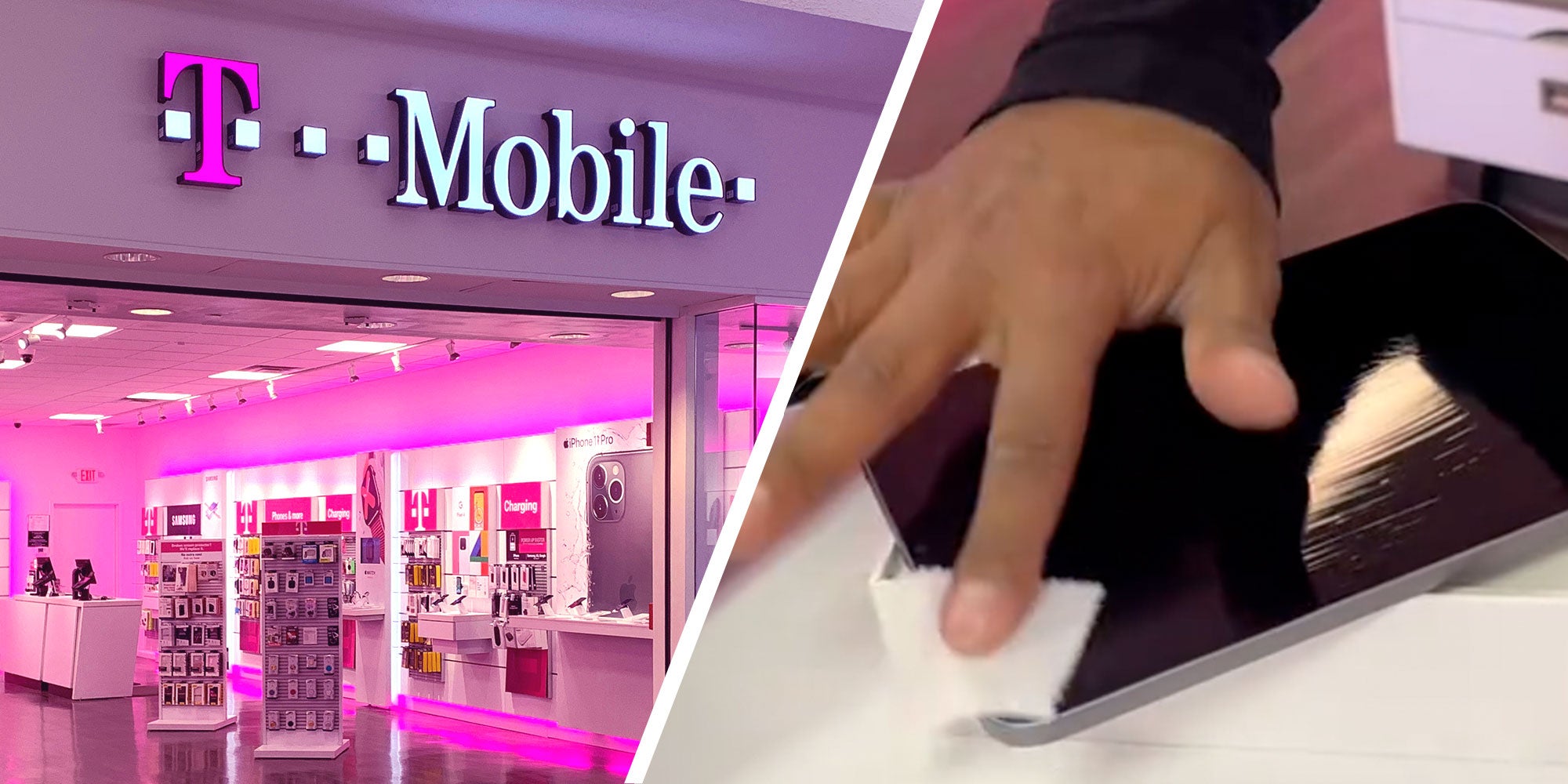 Photo of a T-Mobile store exterior; Screenshot from @sste.ph's Tiktok of a T-Mobile employee cleaning an IPad screen.