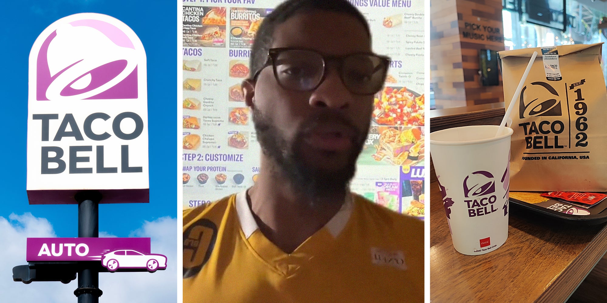 Taco Bell Sign(l) Man explains problem with Taco bell Menu(c) Taco Bell Order(r)