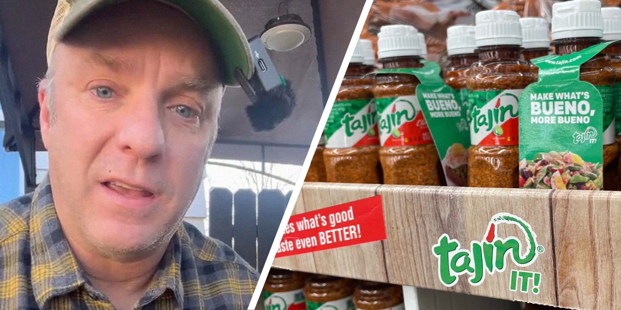 man shares the difference of tajin coloring(l) Tajin on Display(r)