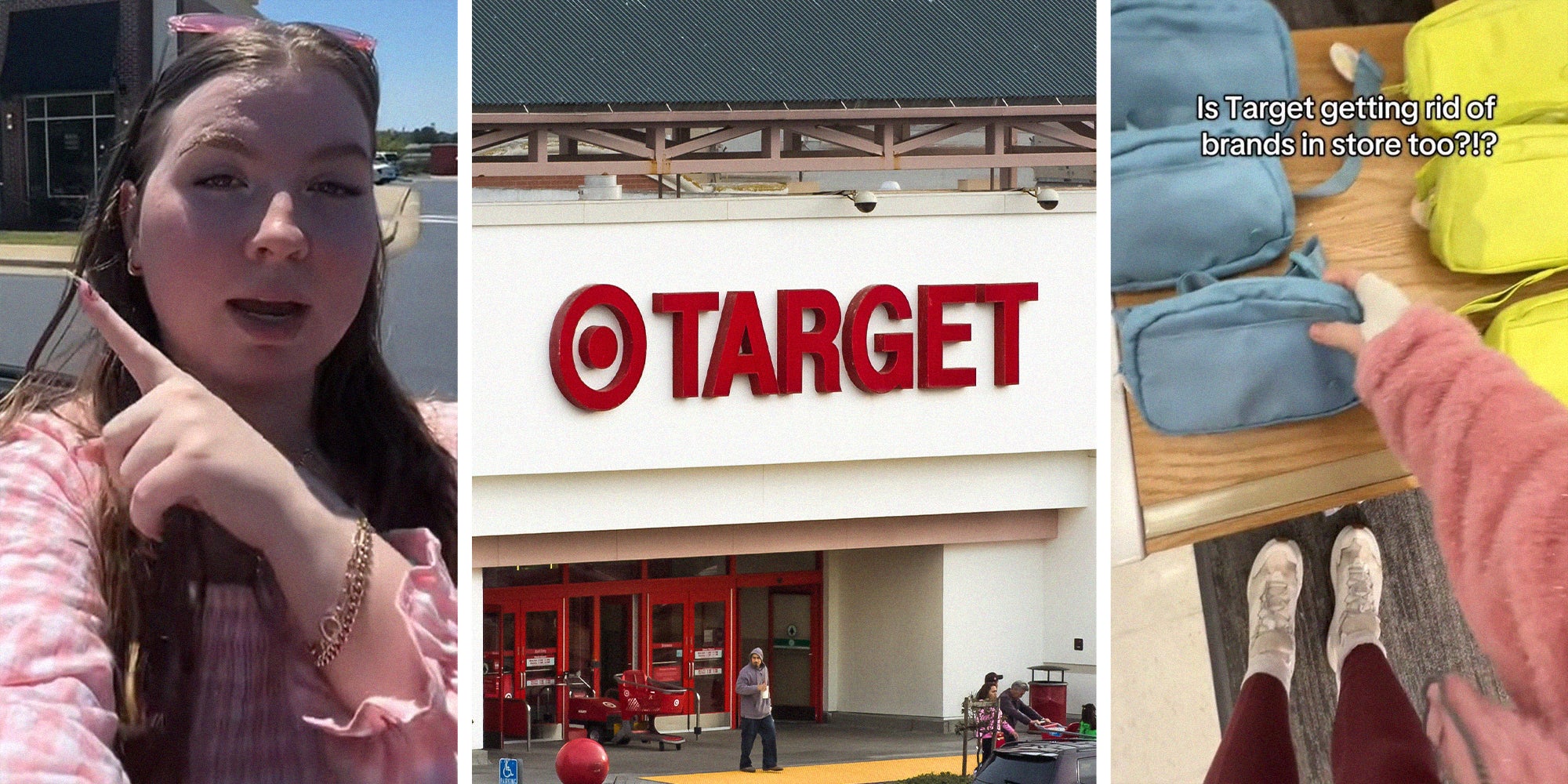 woman shares what brands target is removing(l) Target Store Front(c) Person holding bags(r)
