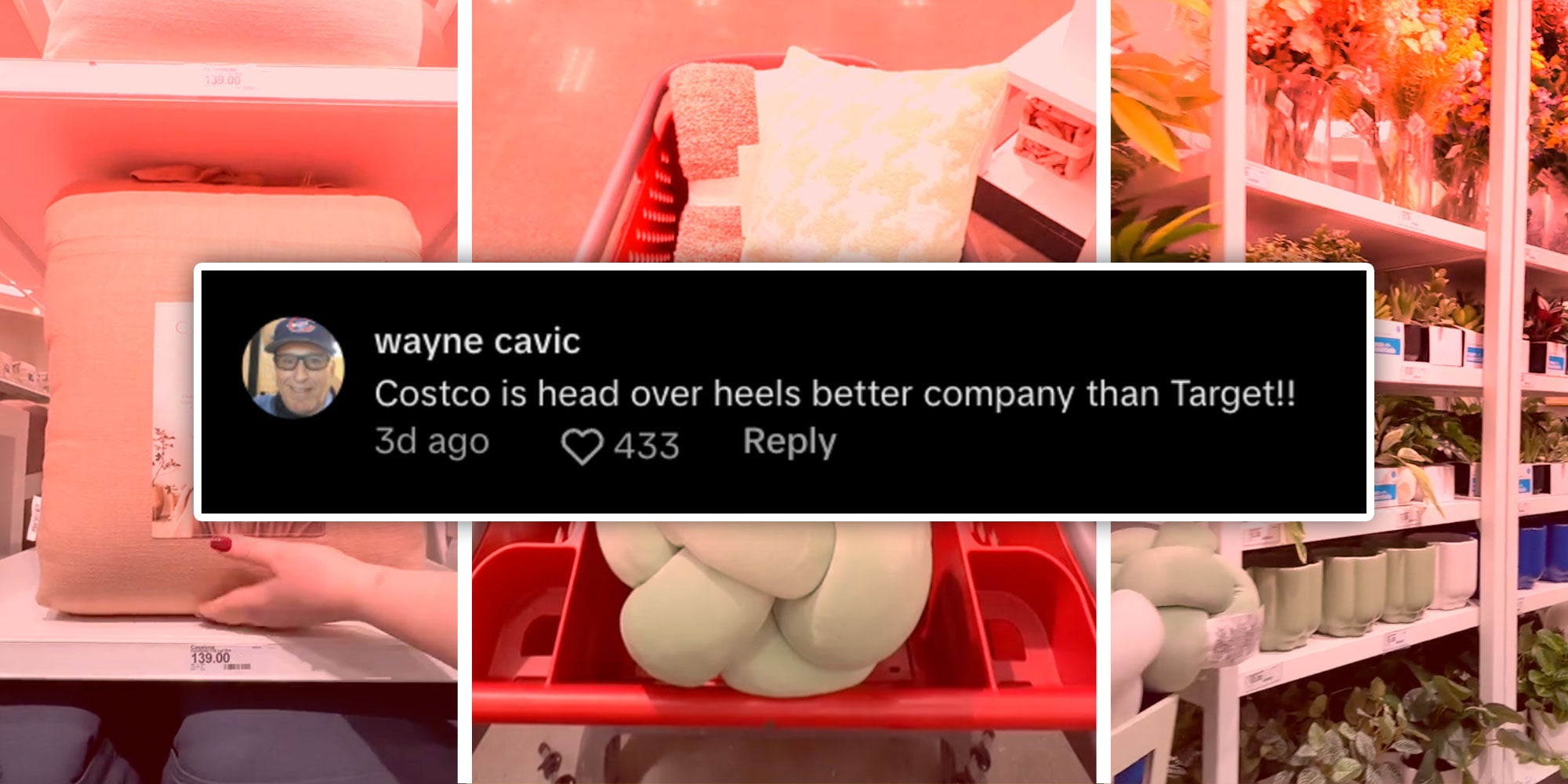 Tiktok comment from @wayne cavic that reads 'Costco is head over heels better company than Target!!' over three screenshots from Target's Tiktok