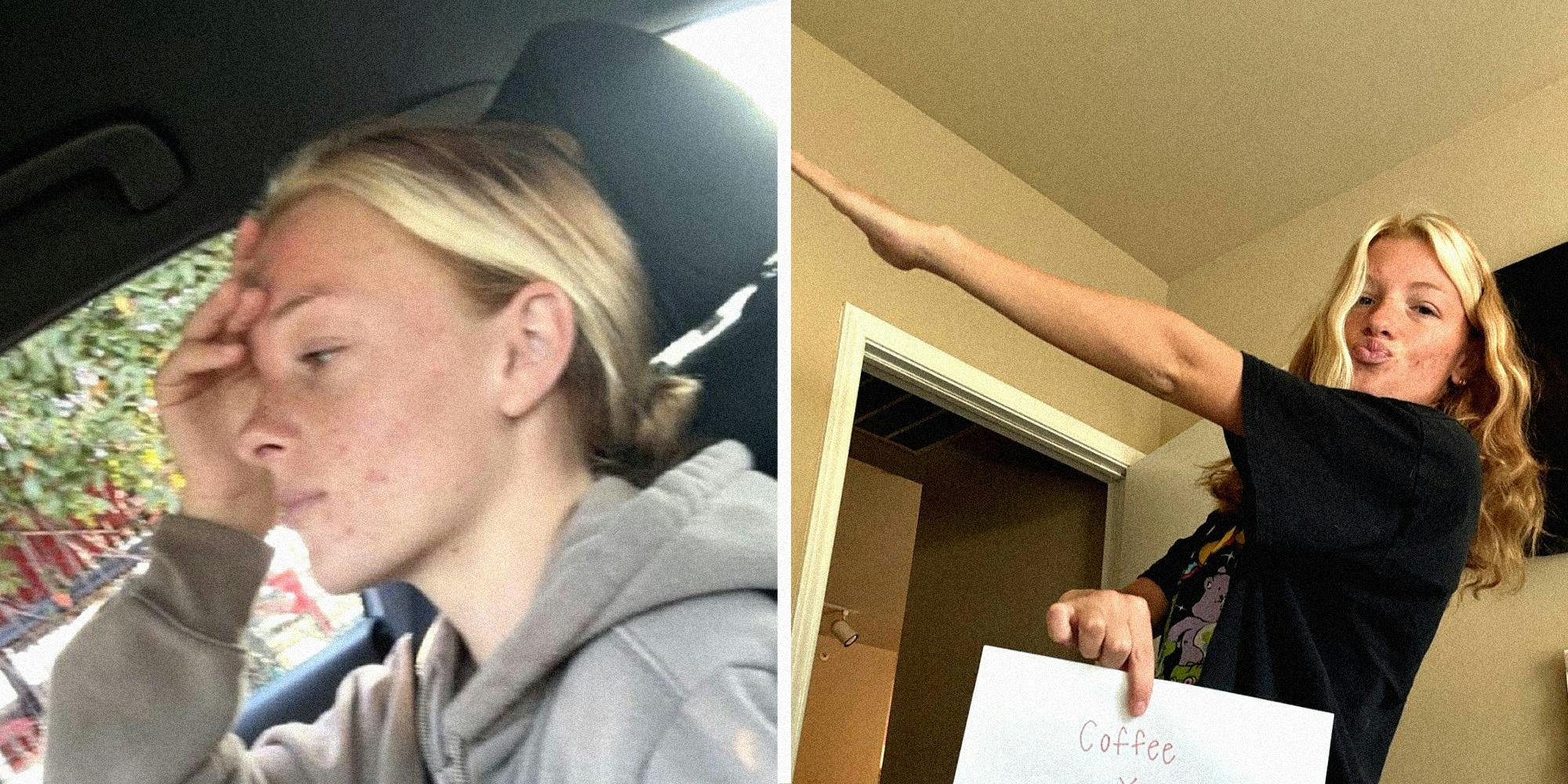 Two panel image. On the left, a women sits in the front seat of a car, her right hand to her forehead with a tired and stressed expression. On the right, the same women is seen inside a room, doing a seig heil salute while holding a piece of paper and puckering her face to the camera.