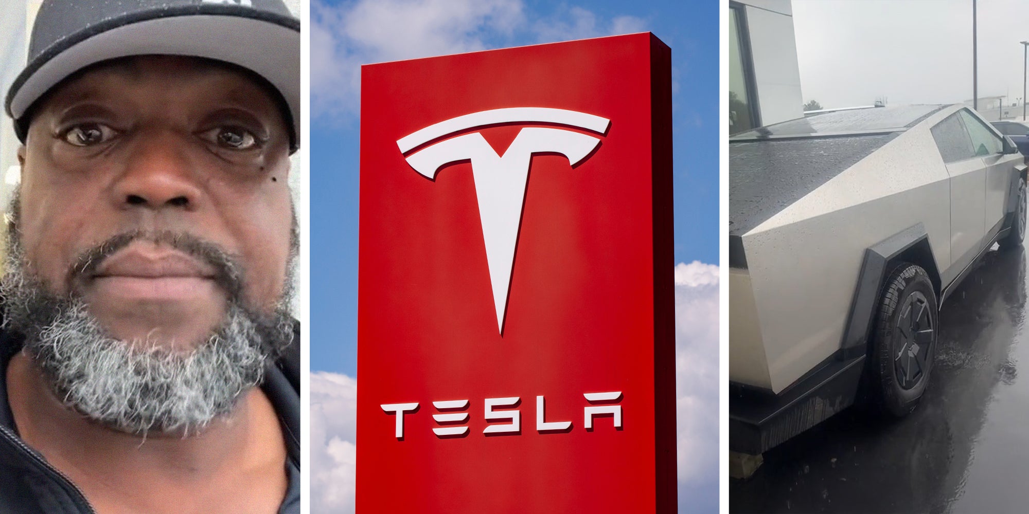 man shares information about tesla cybertrucks(l) tesla dealer sign(c) tesla cybertruck(r)