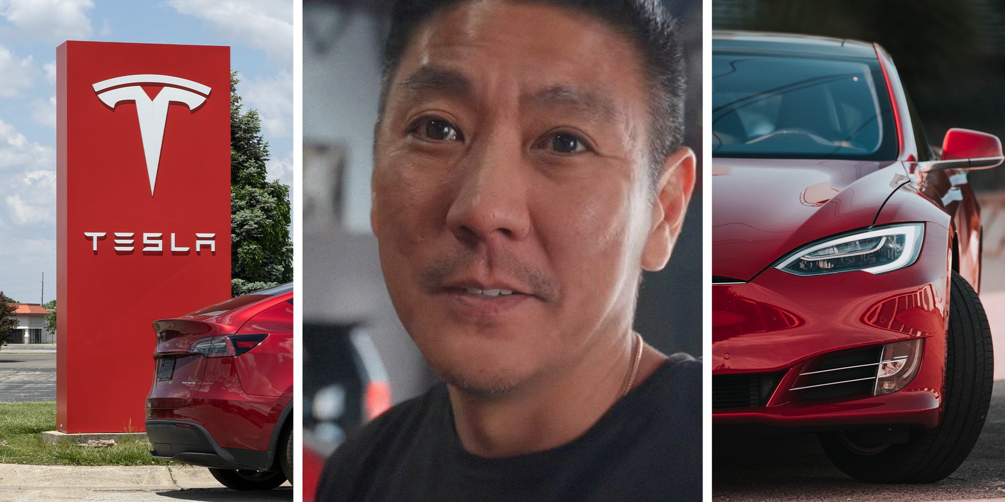 Tesla Dealer Sign(l) Tesla Mechanic shares problem with Tesla(c) Tesla Model 3 Red(r)