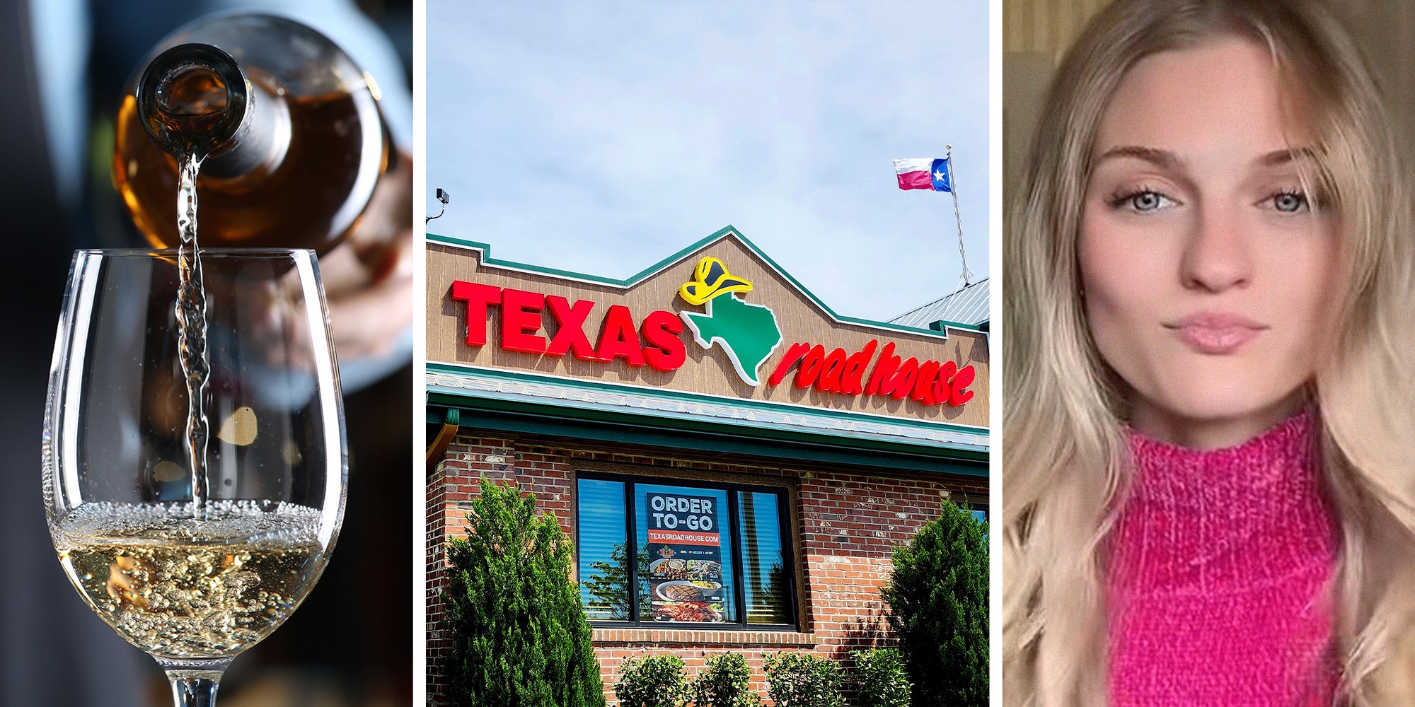 pouring wine on glass cup(l) Texas RoadHouse Restaurant Front(c) Woman wearing bright pink sharing what she ordered at Texas Roadhouse(r)