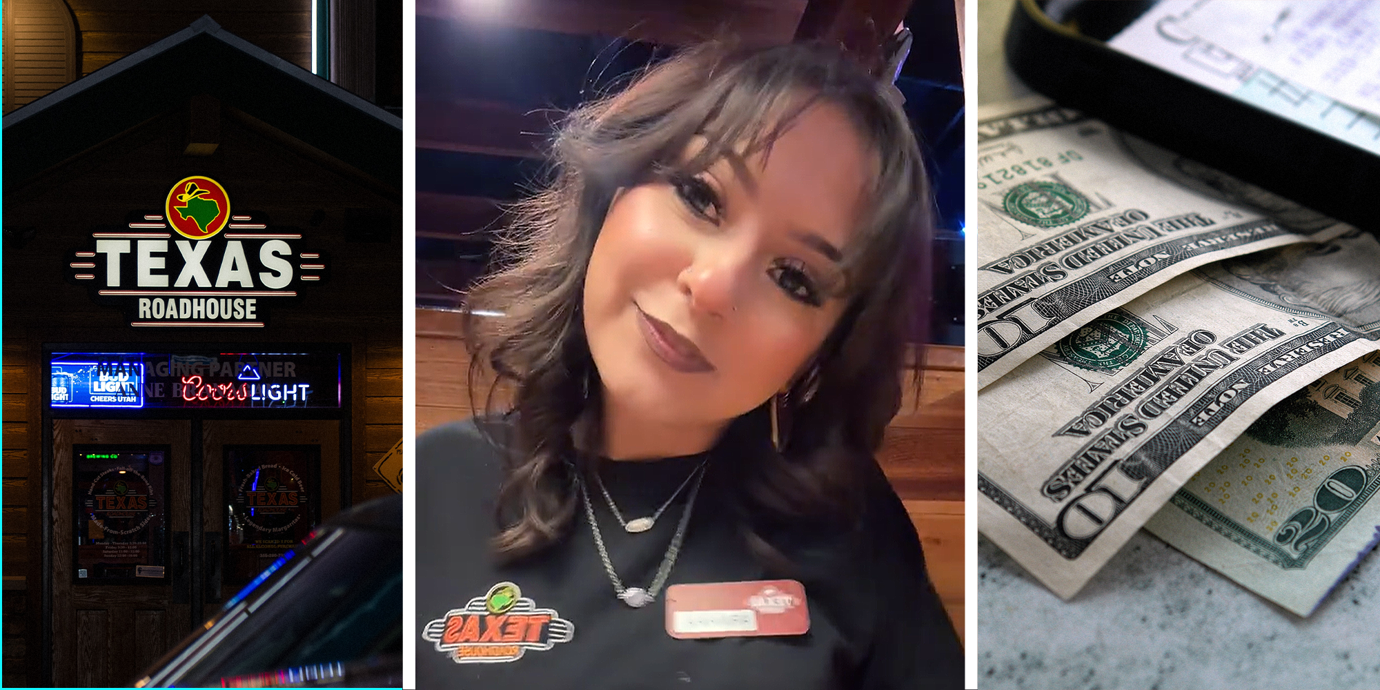 Texas Roadhouse restaurant front on left. Texas Roadhouse employee in center. Cash tip left on table on right.