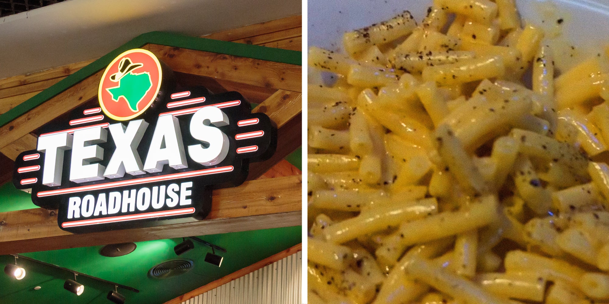 2 panel image: on the left the Texas Roadhouse sign and on the right a plate of macaroni and cheese.