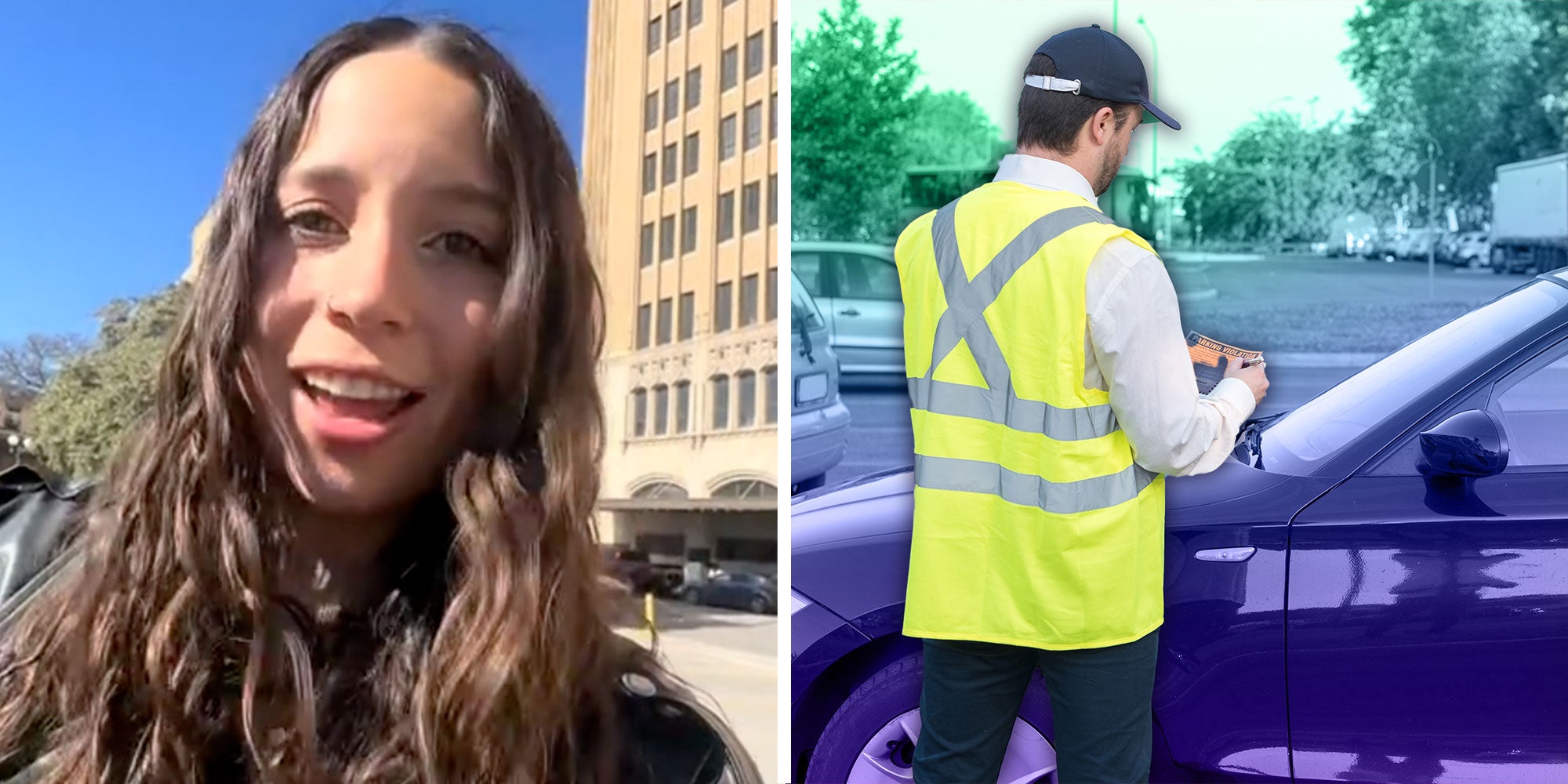 Screenshot of Tiktok user @clipsofisa; A Photo of a parking attendant giving a ticket.