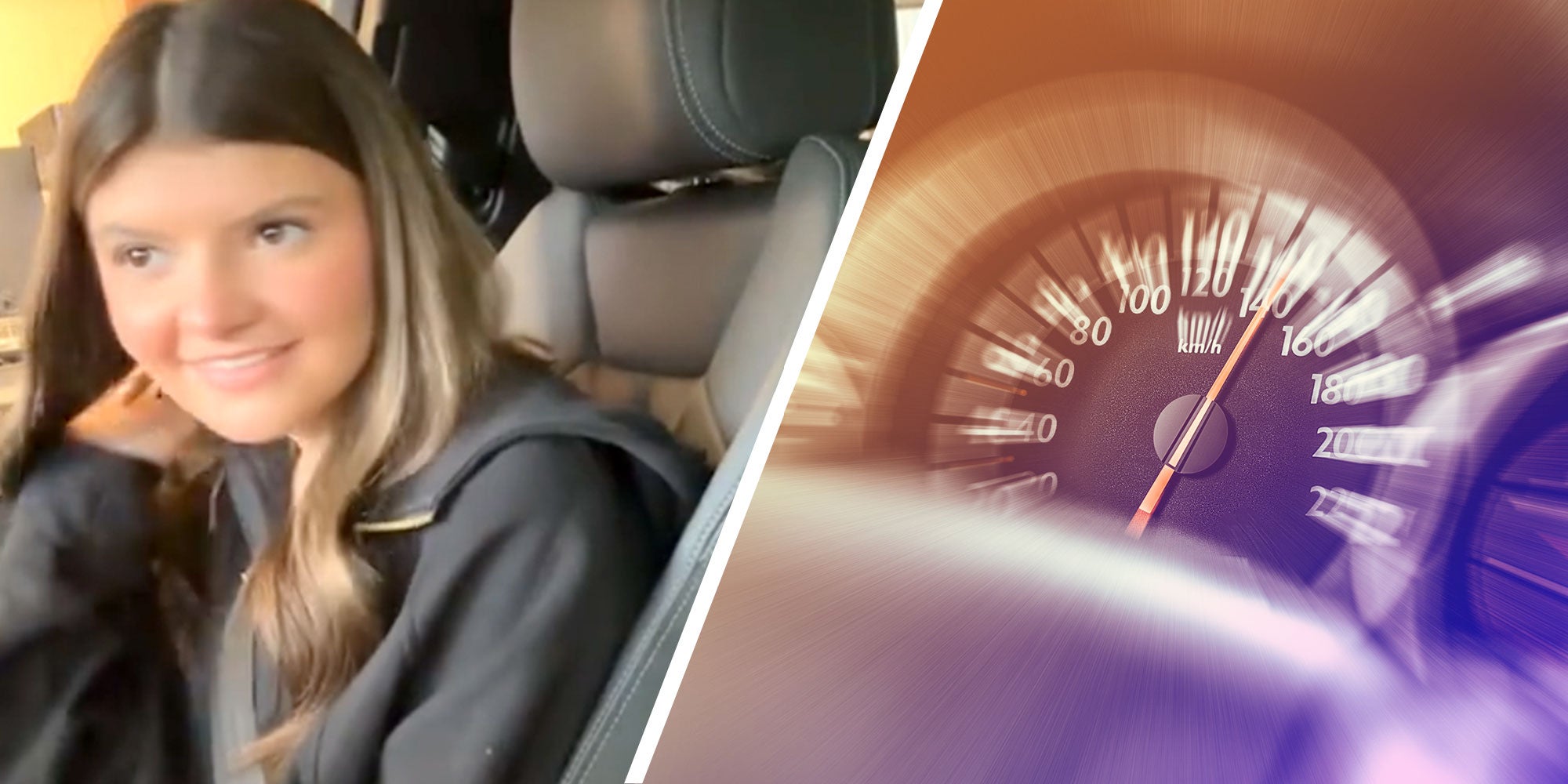 Screenshot of a woman in the passenger seat of a car; Photo of a blurred car dashboard.