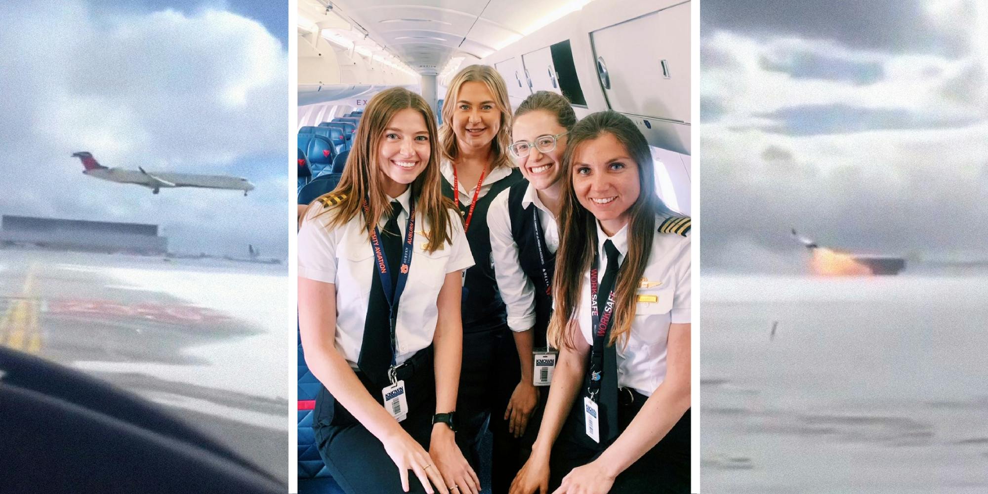 3 panel image: on the sides are stills from the crash video, and in the middle is a X post thatshows a photo of an all-woman flight crew.