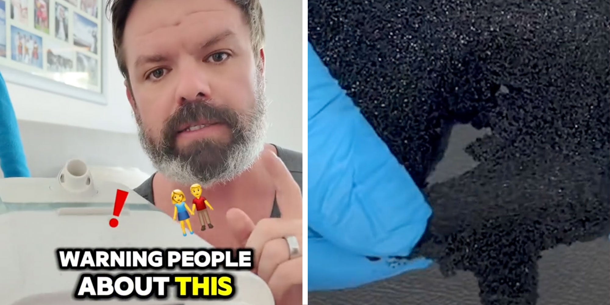 Screenshot of Tiktok user @cpapreviews with a CPAP machine and the caption 'WARNING PEOPLE ABOUT THIS'; Screenshot from @cpapreviews's Tiktok of a hand ripping at some black foam.