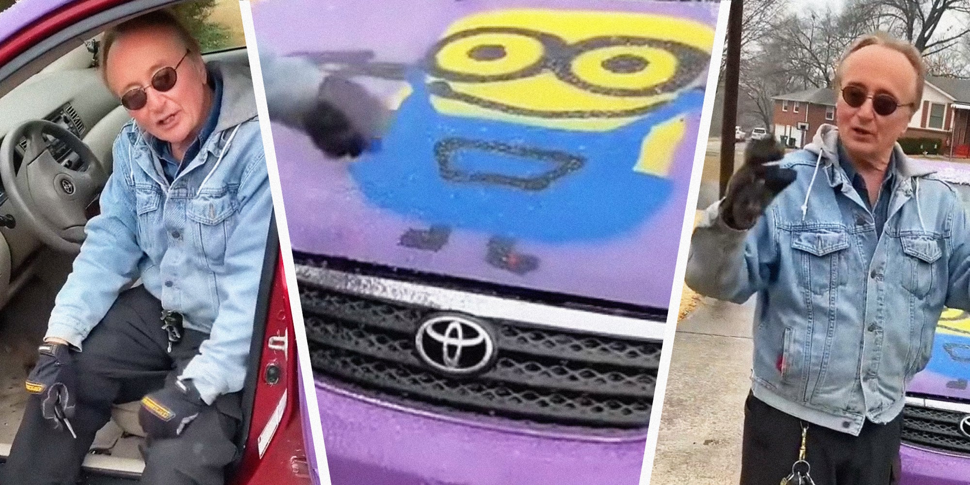 3 panel image: on the sides a person explains and in the middle is a car hood painted with a minion on it.