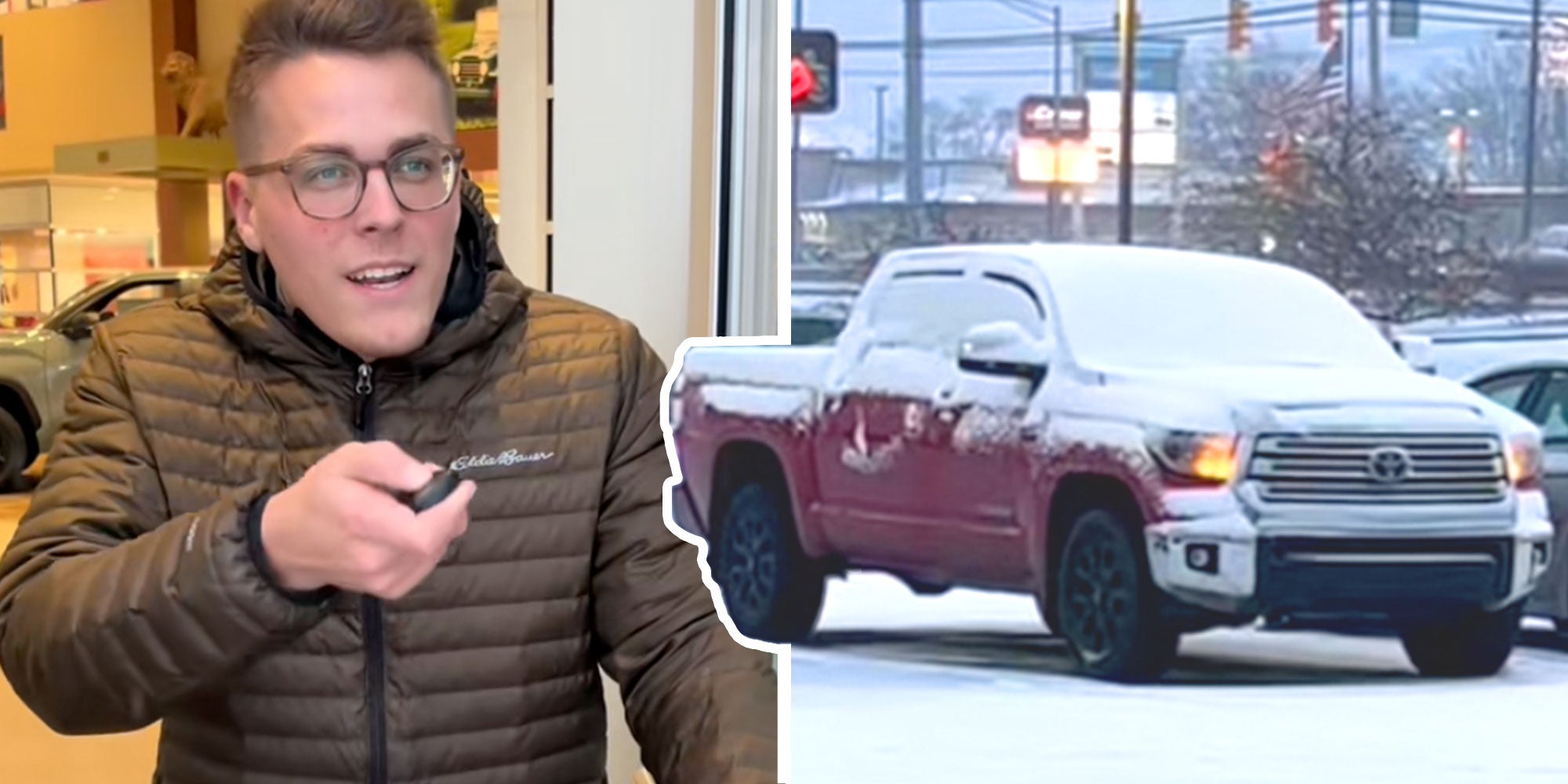 Tiktok user @askforadam holding a Toyota remote; Screenshot of @askforadam's Toyota truck.