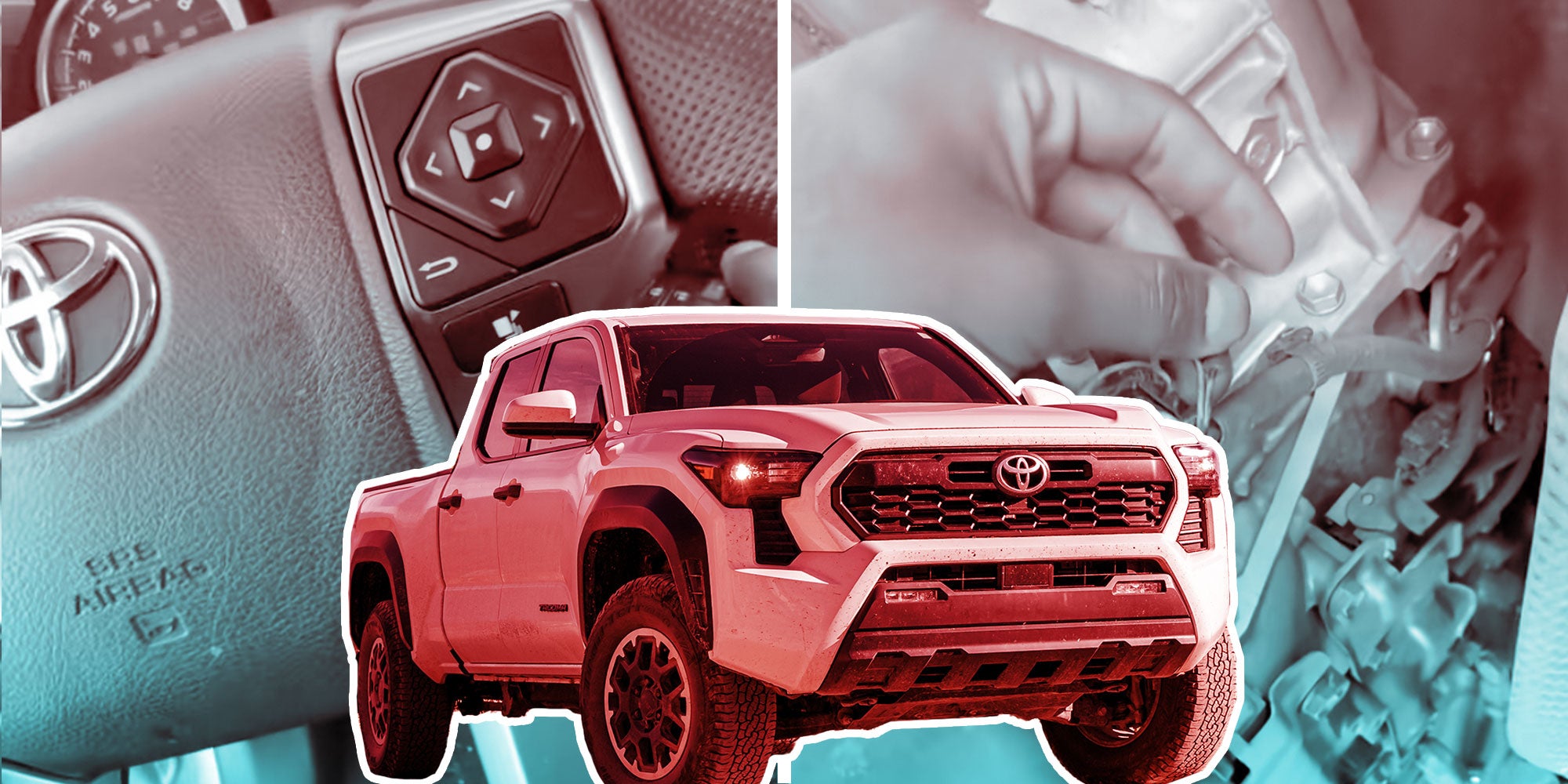 Left: Screenshot from Tiktok user @menjicar of his Tacoma Steering wheel; Center: Photo of a Toyota Tacoma; Right: Screenshot from @menjicar's Tiktok of the underside of his Tacoma