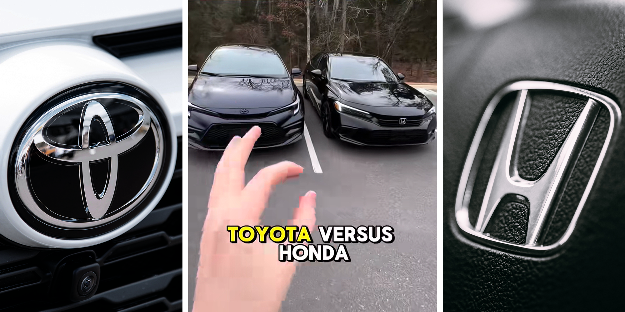Toyota logo on car on left. Person comparing Toyota and Honda cars in parking lot in center. Honda logo on car on right.