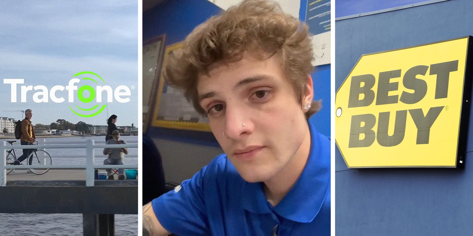 Tracfone logo on commercial scene(l) Best buy worker shares story(c) Best Buy Logo on display(r)