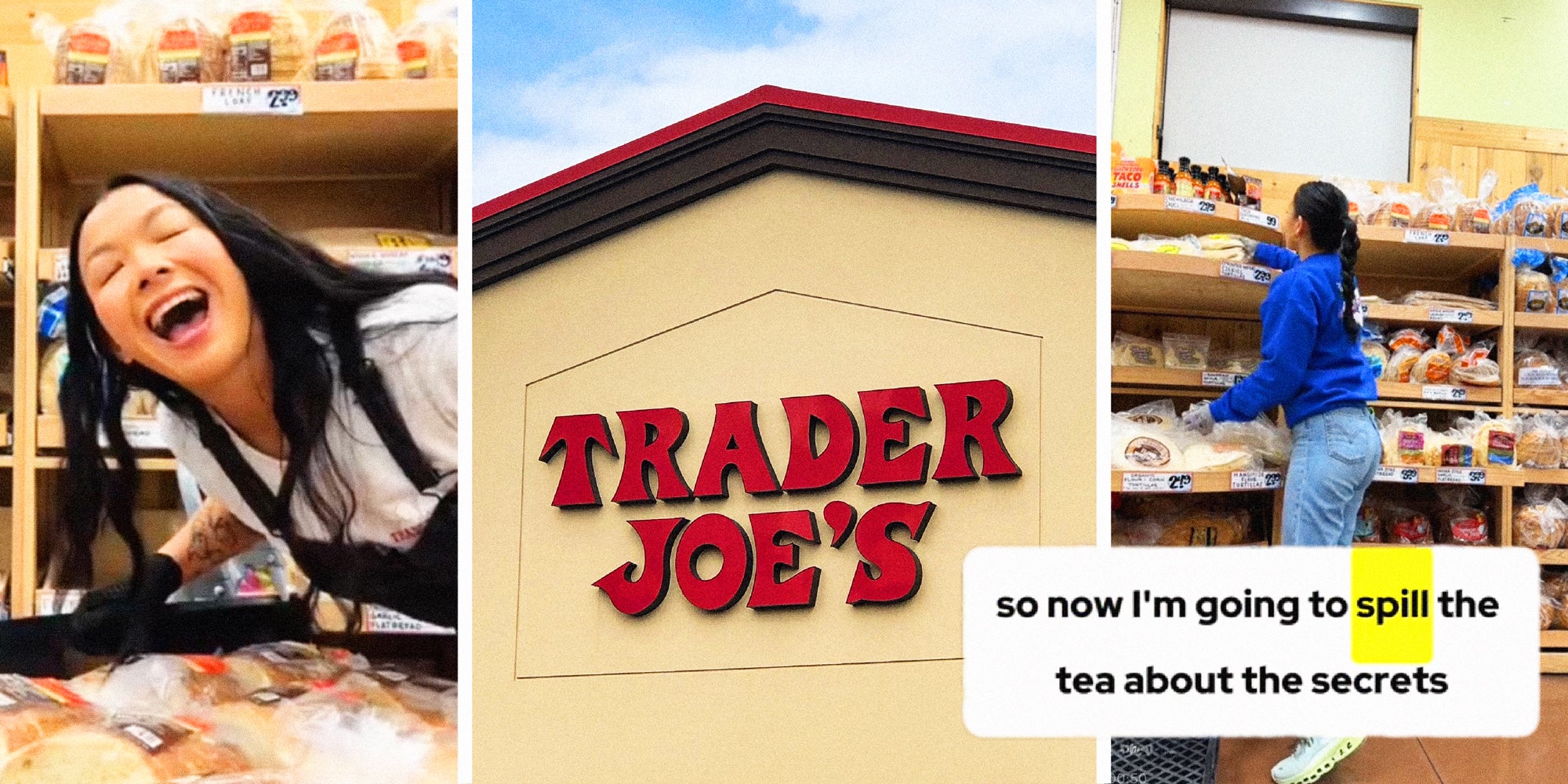 3 panel image: on the sides a person works at Trader Joe's store, and in the middle we see the exterior of a Trader Joe's sign.