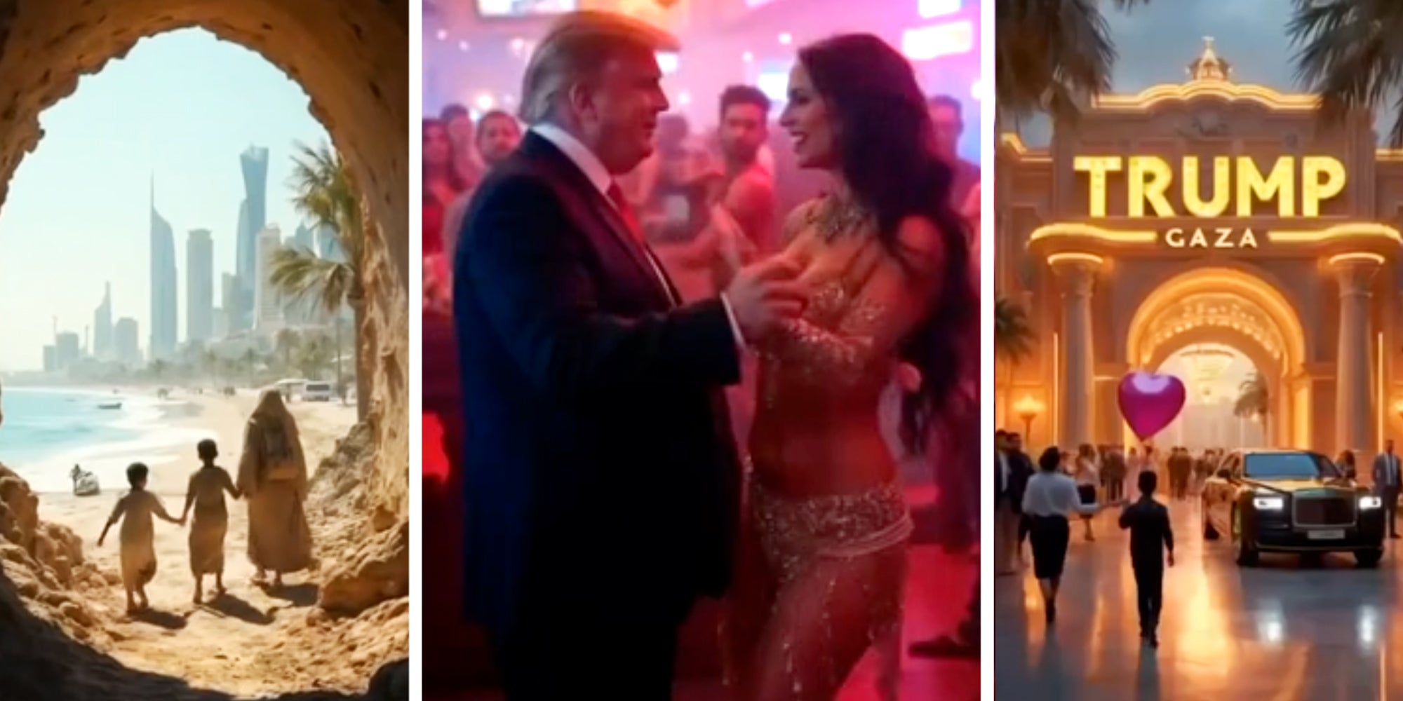 Woman and two boys holding hands walking out of cave on to paradise city on a beach(l), Donald Trump and Woman dancing(c), Architecture that says 'Trump Gaza'(r)