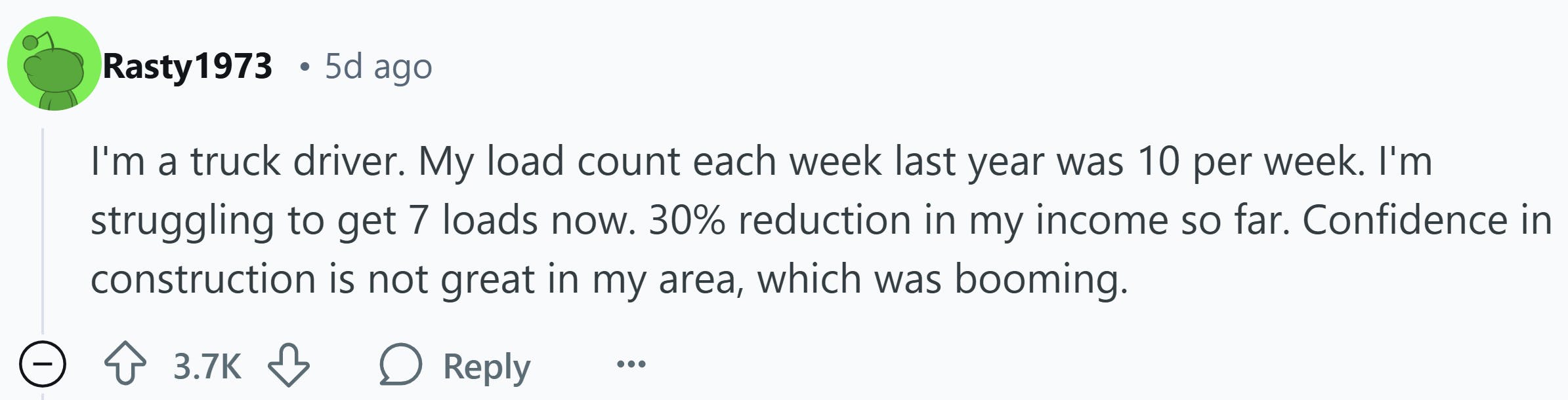 Response to Reddit post asking how the Trump presidency affected them. Text reads, 'I'm a truck driver. My load count each week last year was 10 per week. I'm struggling to get 7 loads now. 30% reduction in my income so far. Confidence in construction is not great in my area, which was booming.'