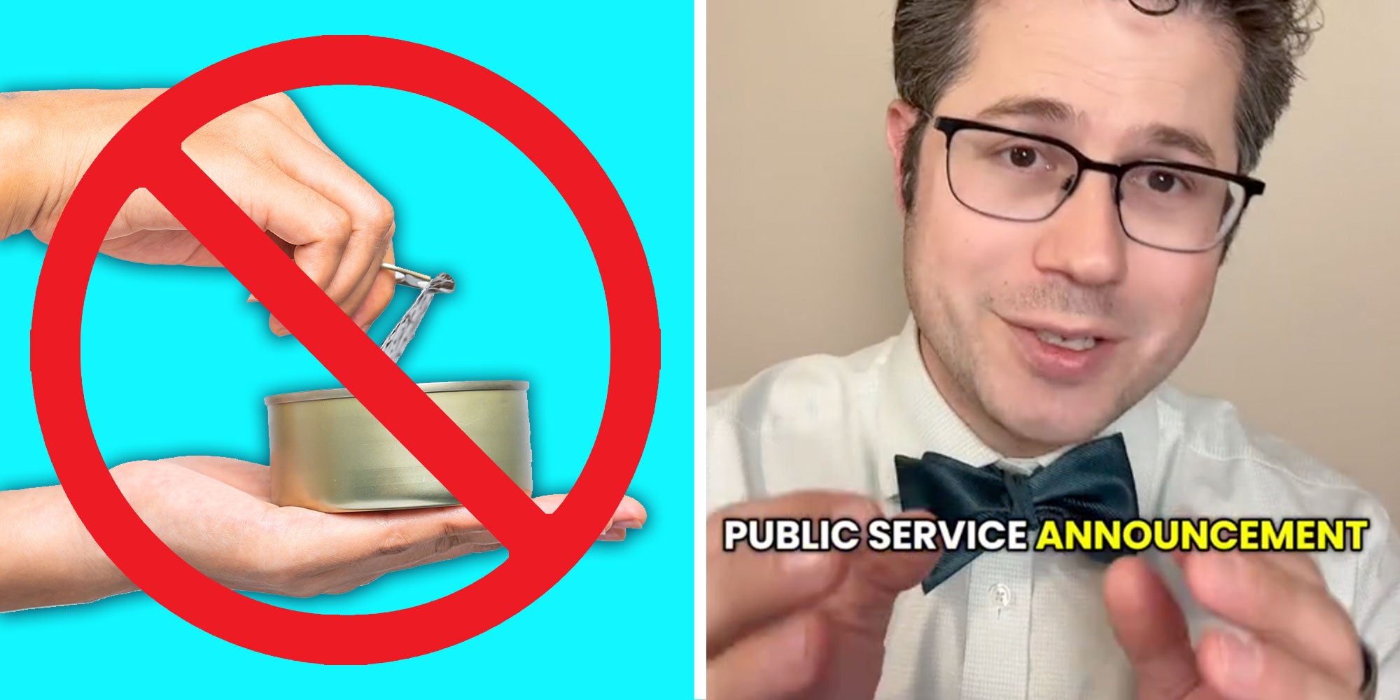 Photo of a hand opening a can of tuna with a red cross out circle over it; Screenshot of Tiktok user @rubin_allergy with the caption 'PUBLIC SERVICE ANNOUNCEMENT'