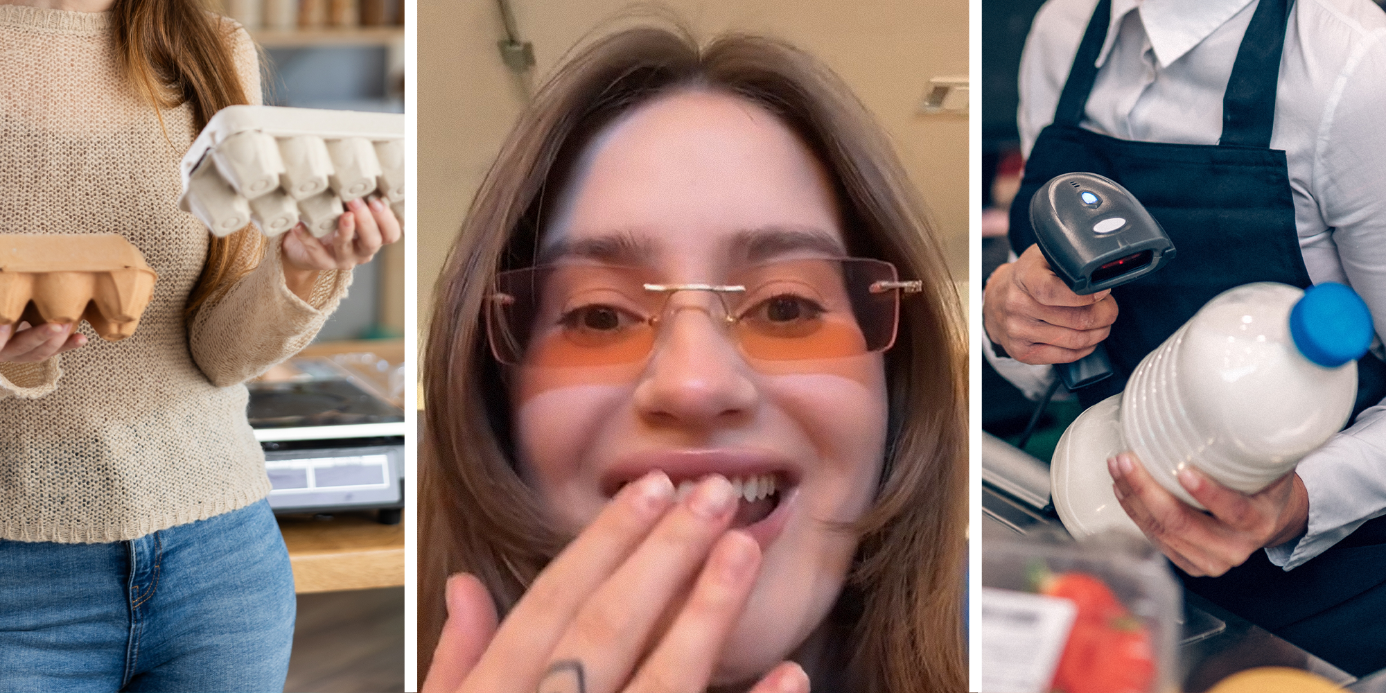 Woman holding two egg cartons on left. Person chuckling w while holding hand to mouth in center. Grocery store cashier ringing up bottle of milk on left.