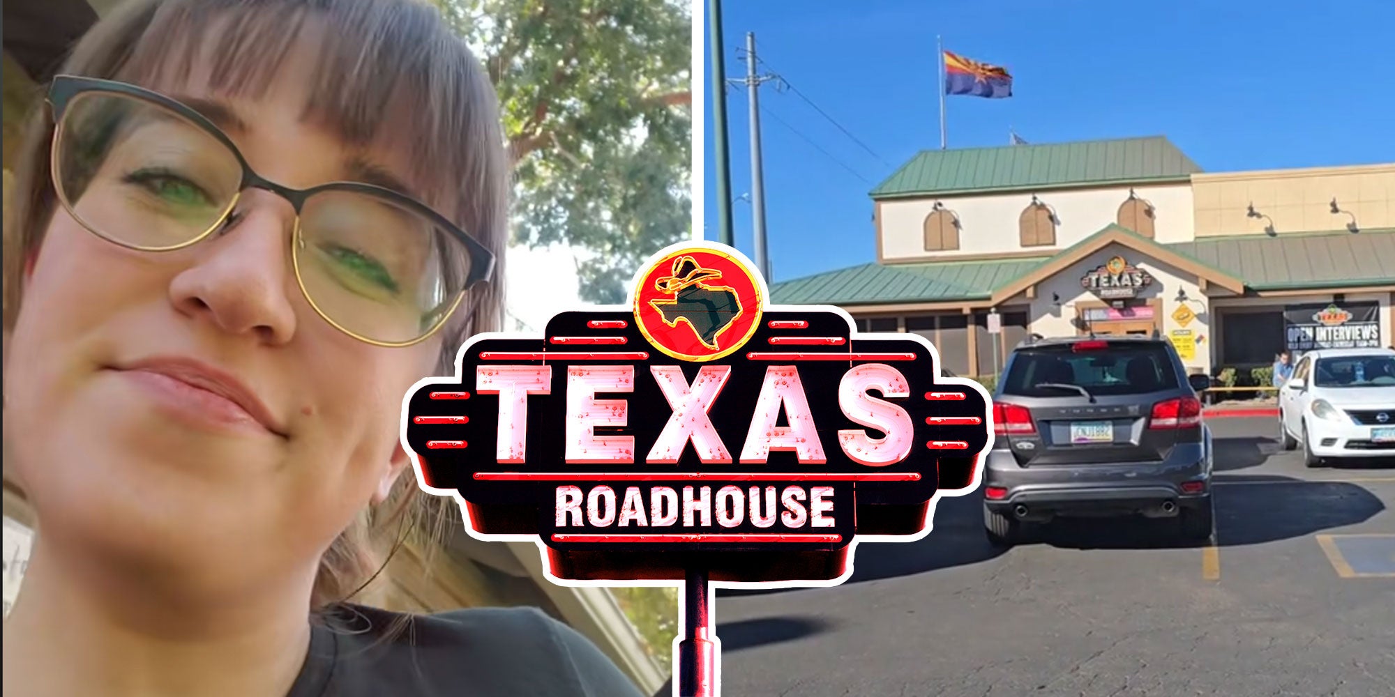 Screenshot of Tiktok user @snackgoblin8; Texas Roadhouse Sign; Exterior of a Texas Roadhouse