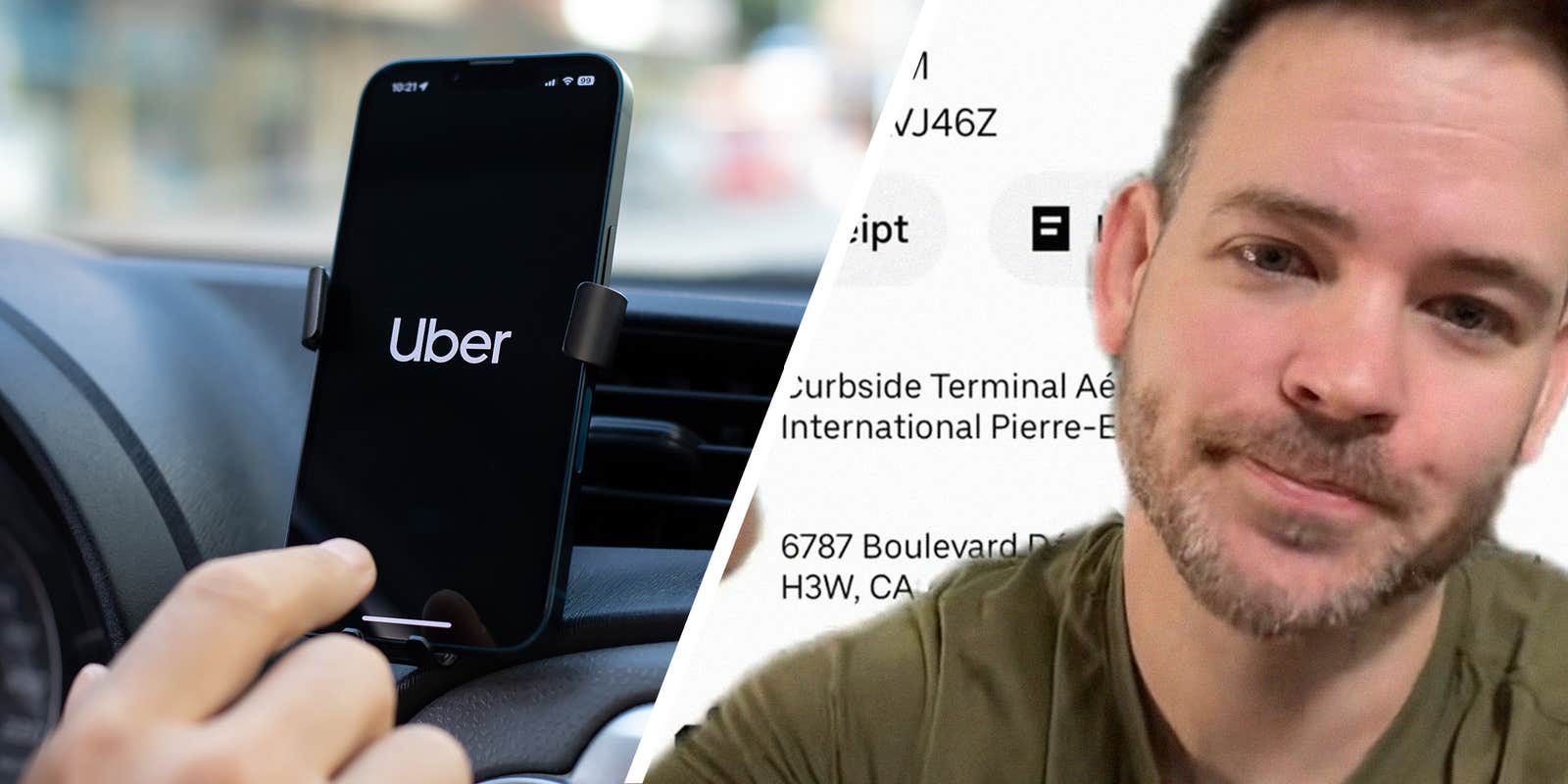 Person checking uber app on iphone while driving(l) Man complains about uber service(r)