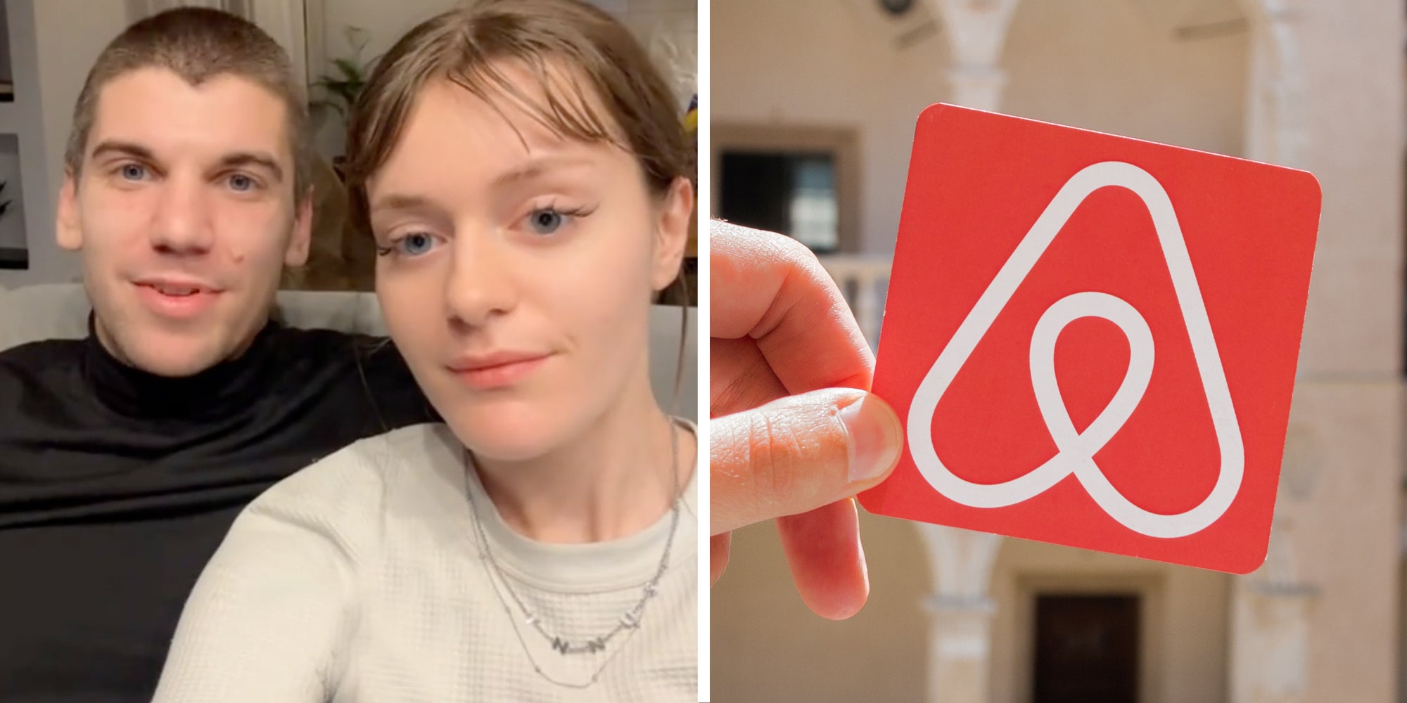 Couple talking(l), Hand holding card with airbnb logo(r)