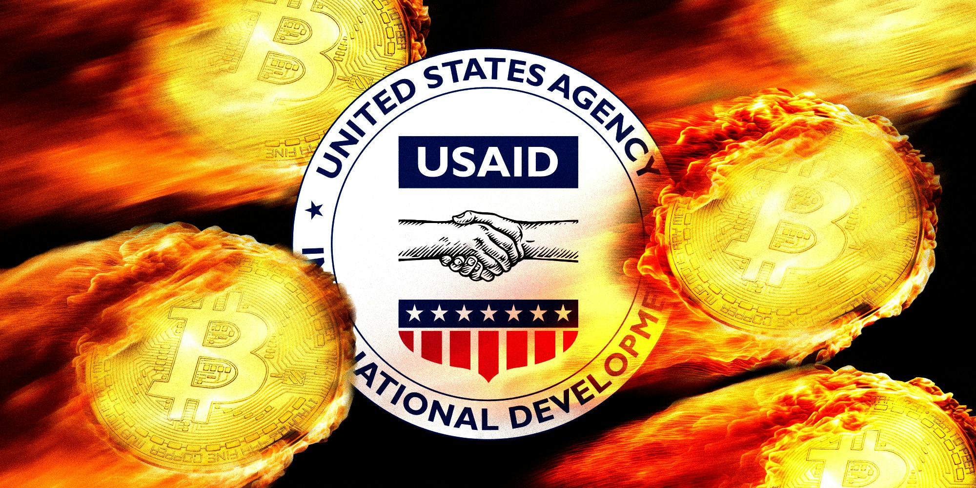 Flaming gold coins with the bitcoin logo engraved onto them flying passed the logo of the United States Agency for International Development.