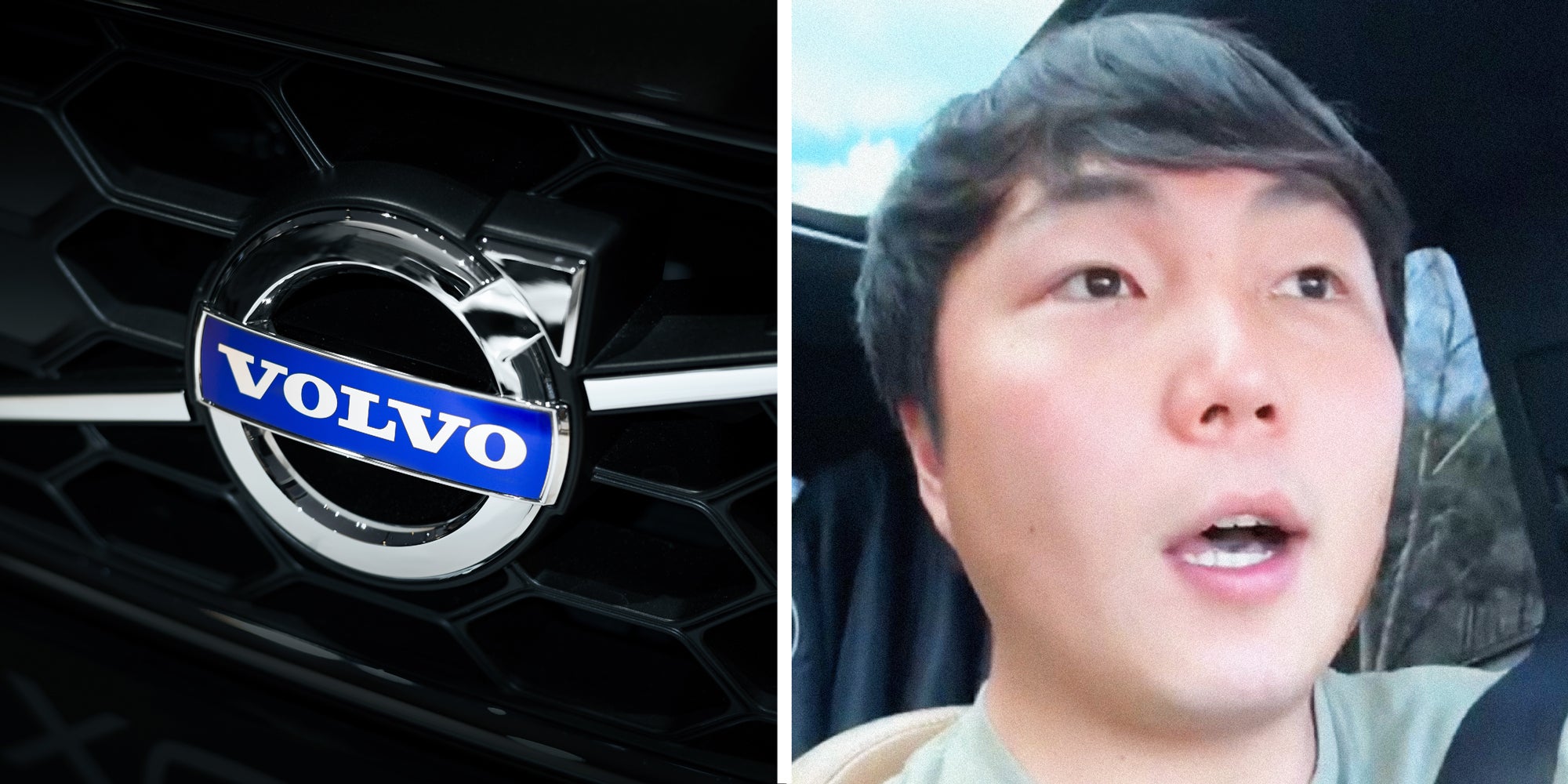 2 panel image: on the left is the logo of a Volvo car and on the right a person explains.