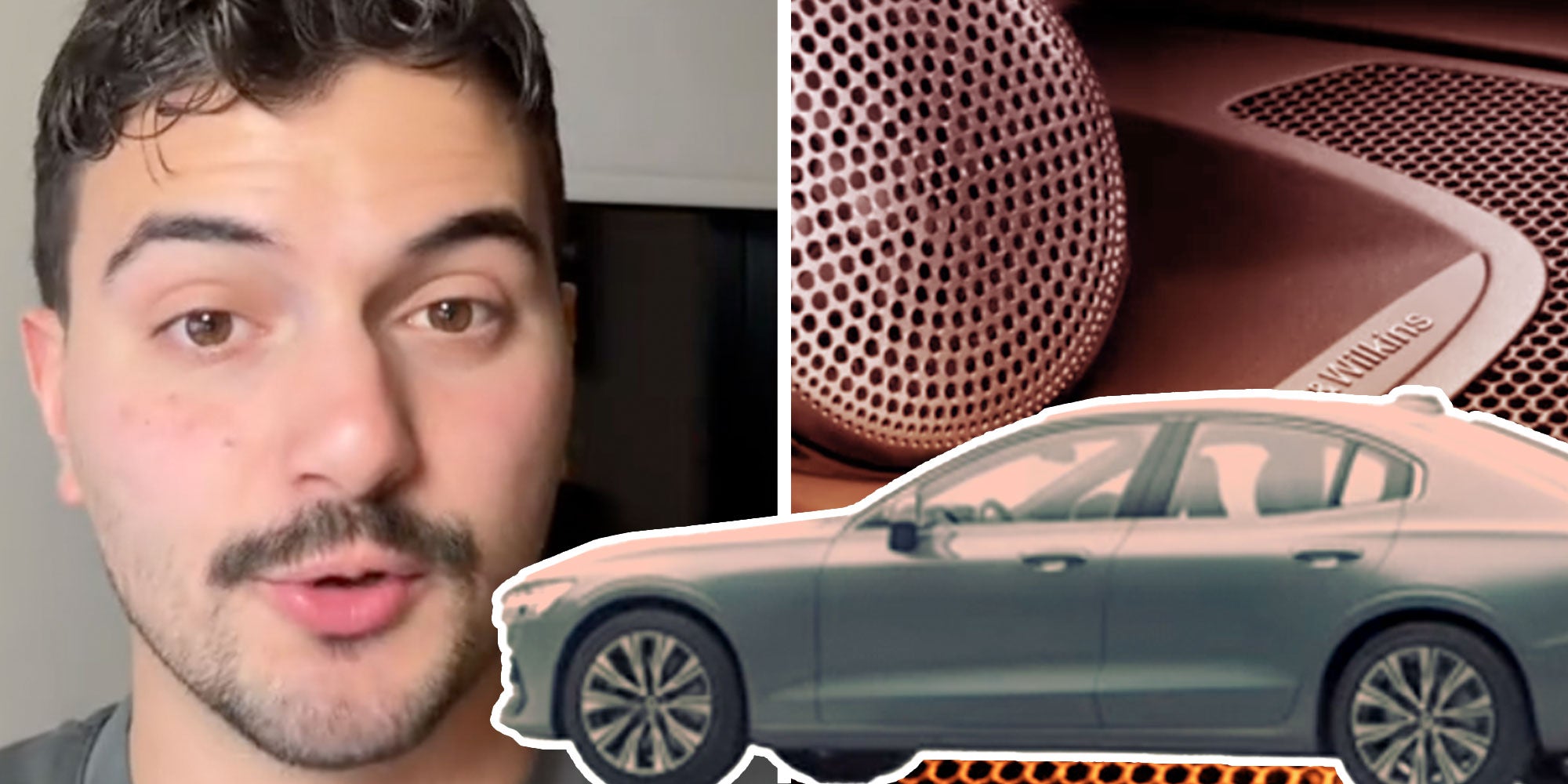 Screenshot of Tiktok user @thechristopherpearce; Photo of a Volvo; Photo of a Boulders & Wilkins speaker