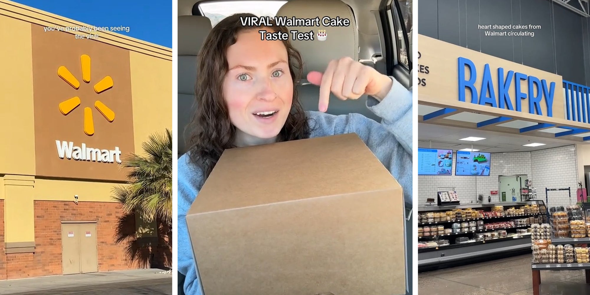 Walmart logo on building(l) Woman pointing at cardboard box(c) Walmart Bakery(r)