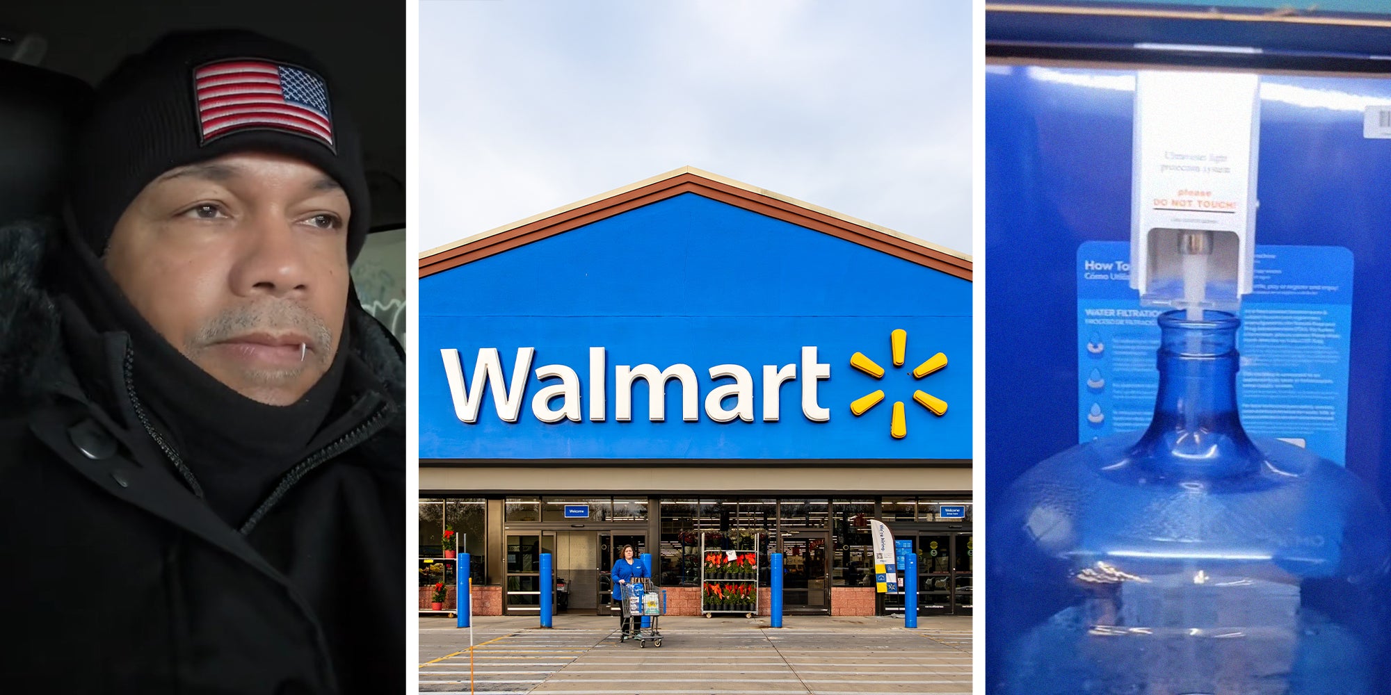 man wearing all black(l) Walmart Store Front (c) Gallon of water being filled up(r)