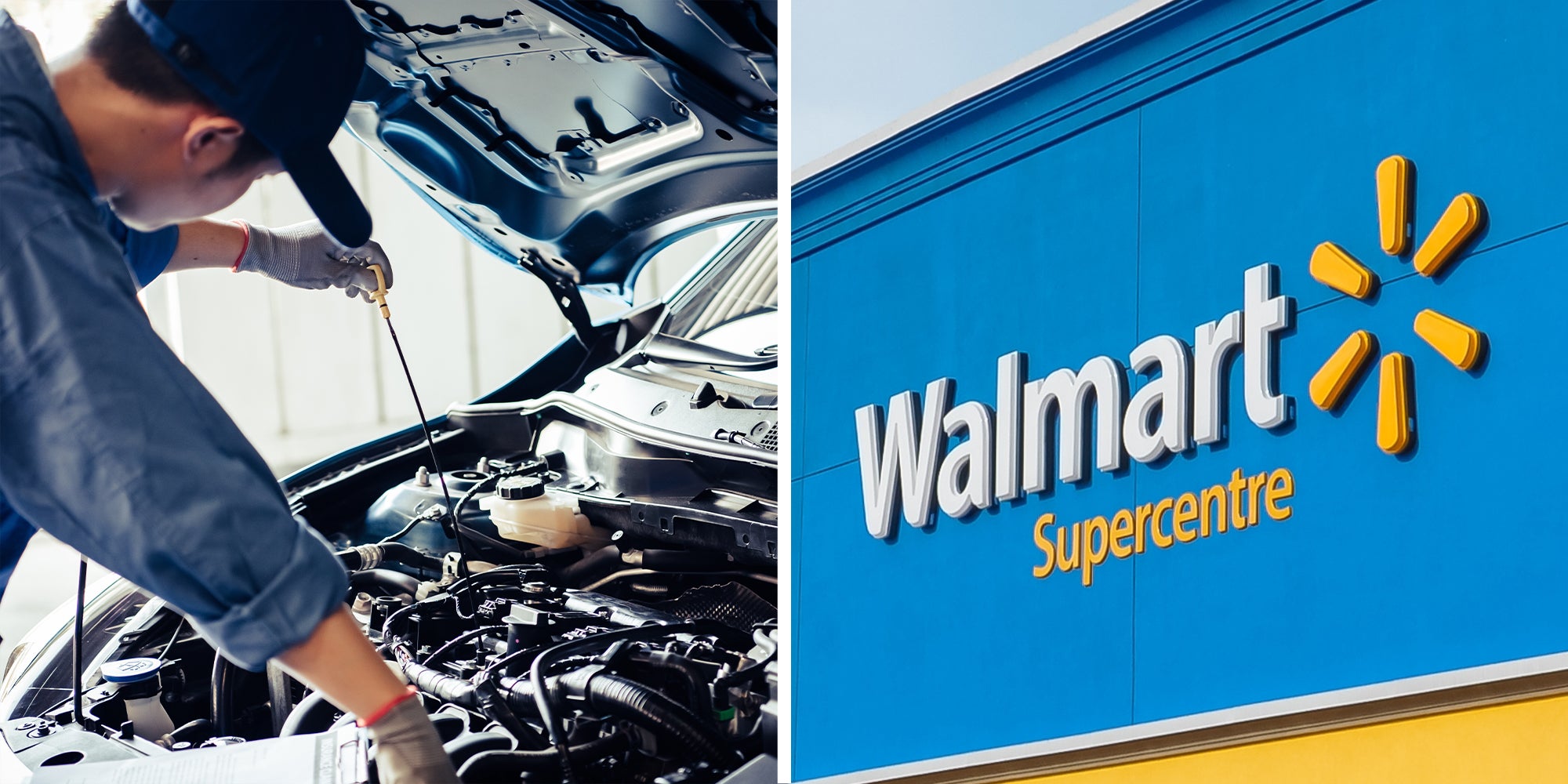 Mechanic Checking oil(l) Walmart Store Front(r)