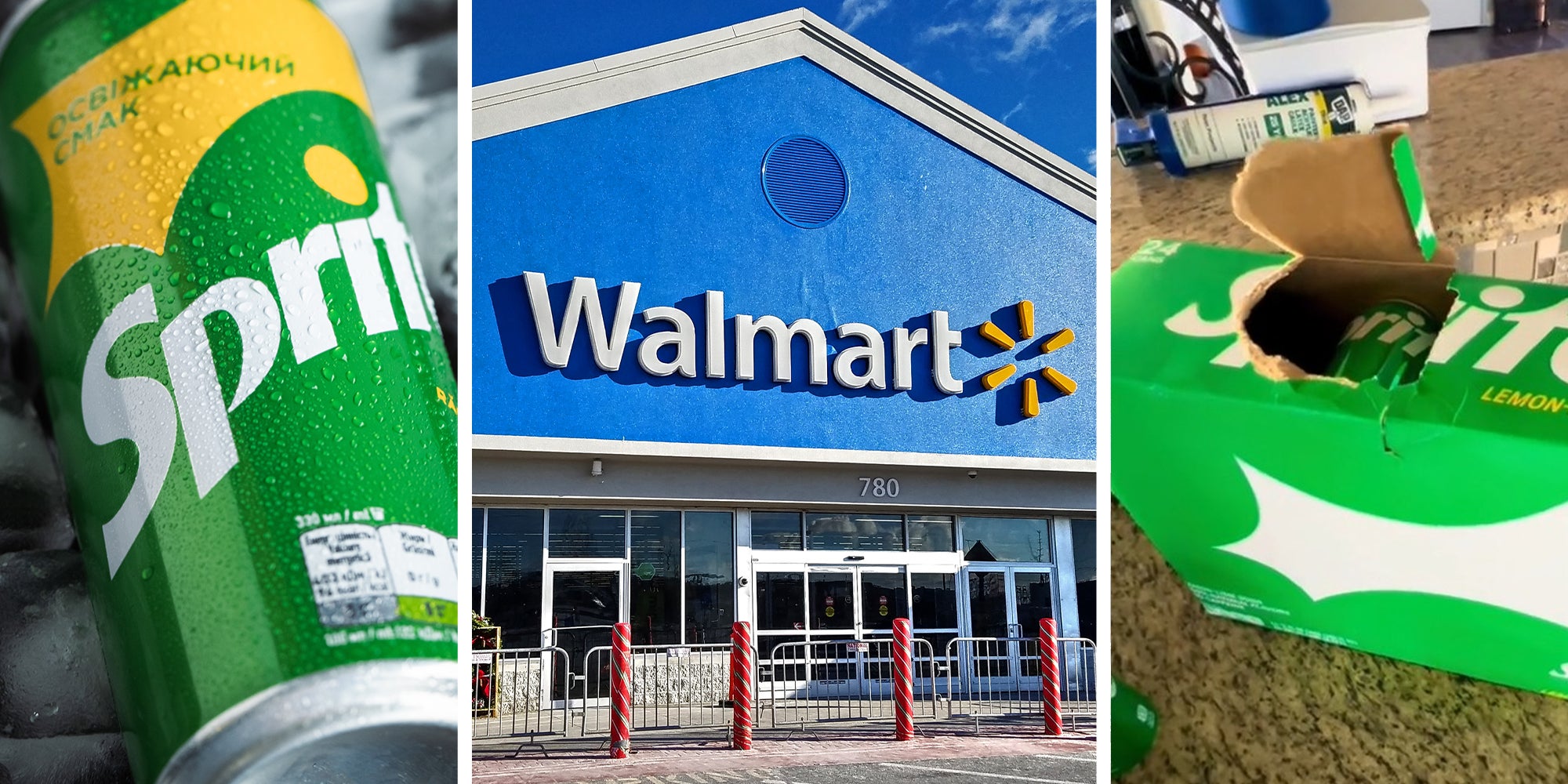 Sprite can in the pile of ice cubes on the black background(l) Walmart Store Front(c) opened case of sprite(r)