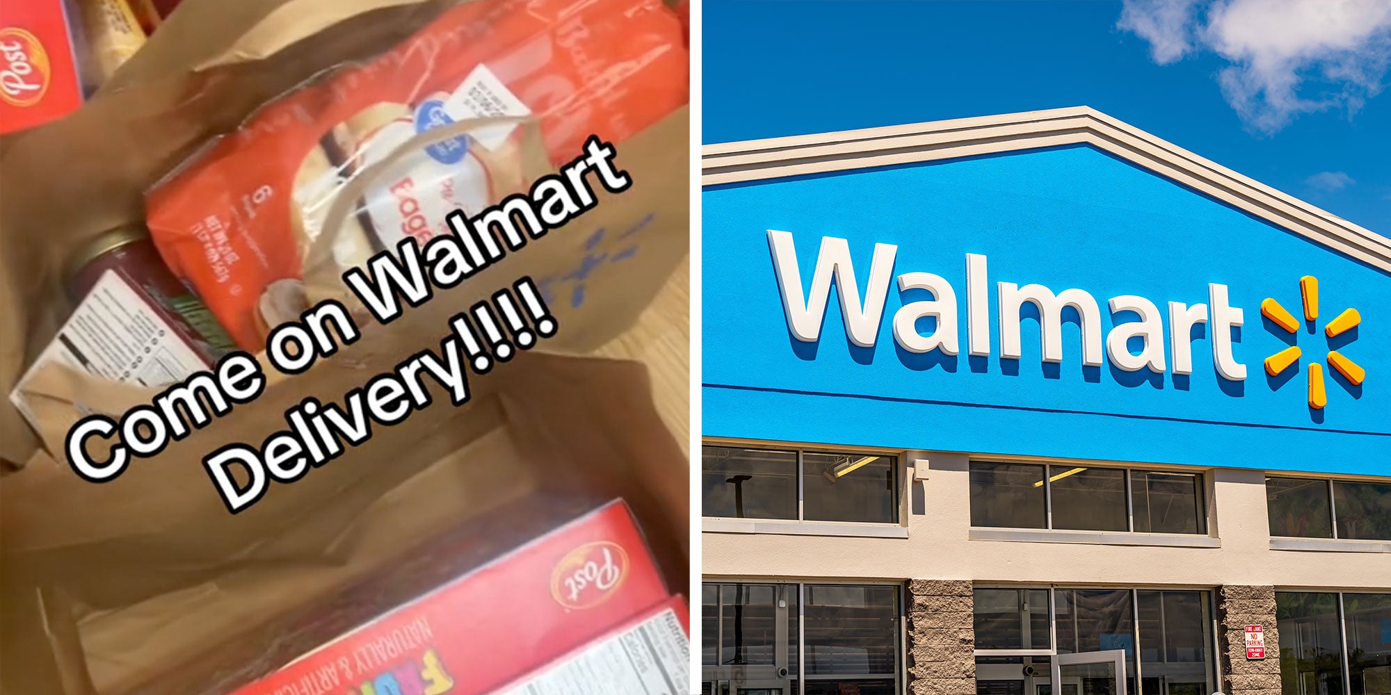 Screenshot from @jessicas.vip.section's Tiktok with the caption 'Come on Walmart Delivery!!!!'; Photo of a Walmart Exterior.