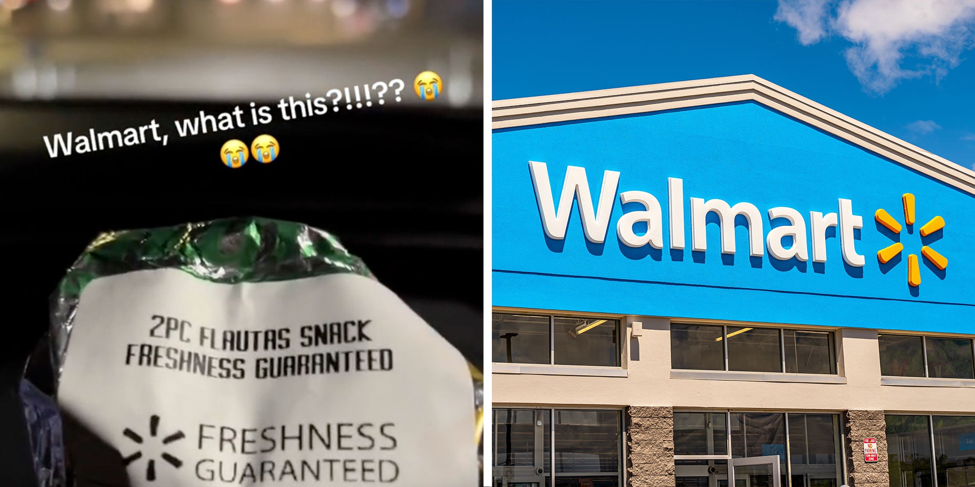 Screenshot from @seacritts's Tiktok of a wrapped 2 piece Flautas Snack with the caption 'Walmart, what is this?!!!??'; A photo of a Walmart exterior.