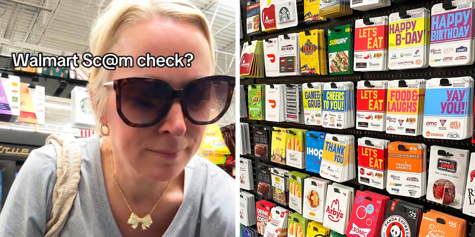 2 panel image: on the left a person is shopping, on the right is a display of gift cards for sale.