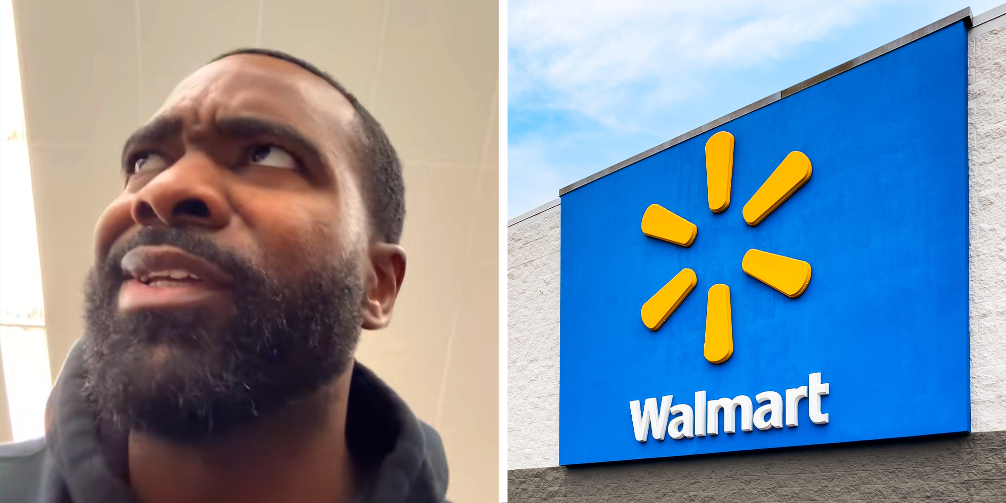 Man looking off to the side, confused and upset on the left. Walmart storefront and logo on the right.