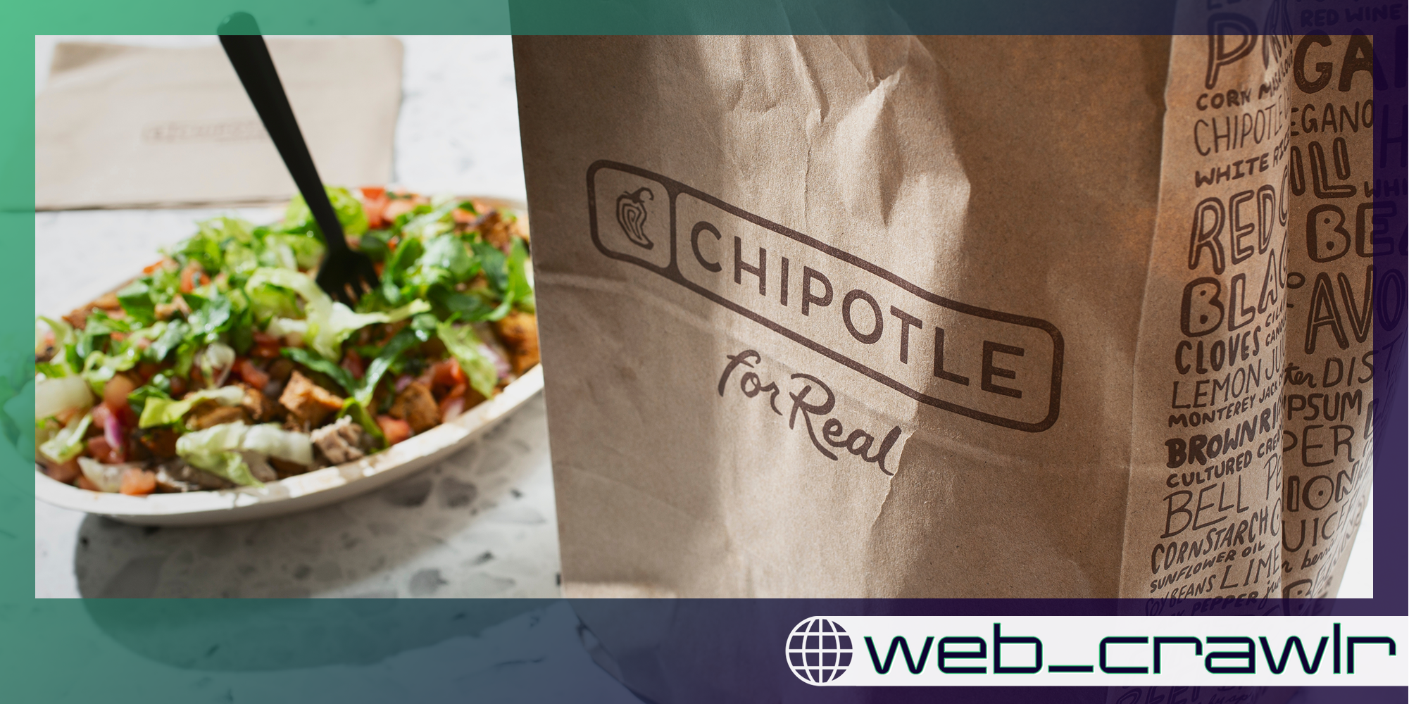 A Chipotle bowl next to a Chipotle bag. The Daily Dot newsletter web_crawlr logo is in the bottom right corner.