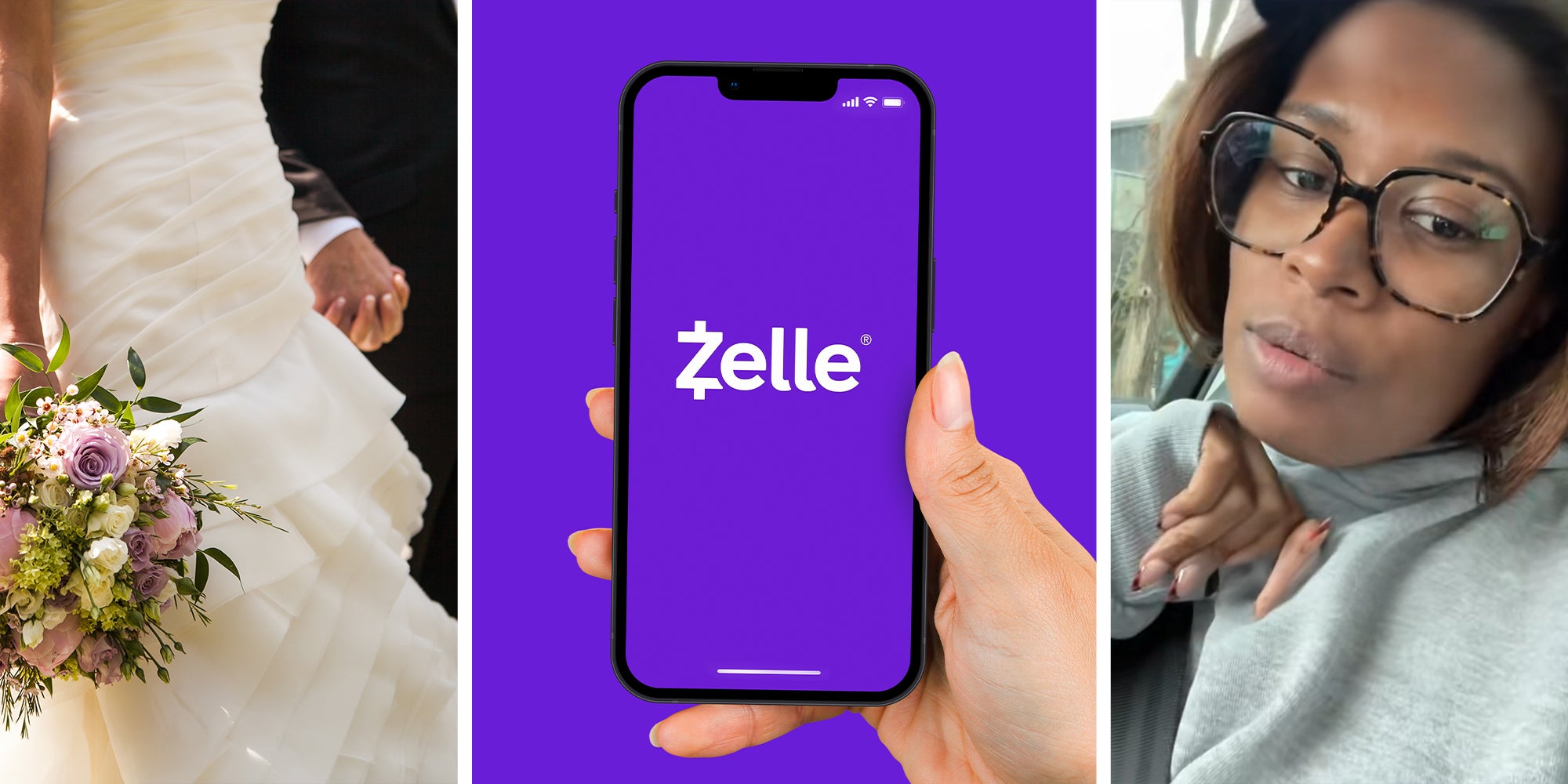 Couple getting married holding hands(l) Zelle Logo on phone display(c) Woman shares story about wedding couple charging for meals(r)